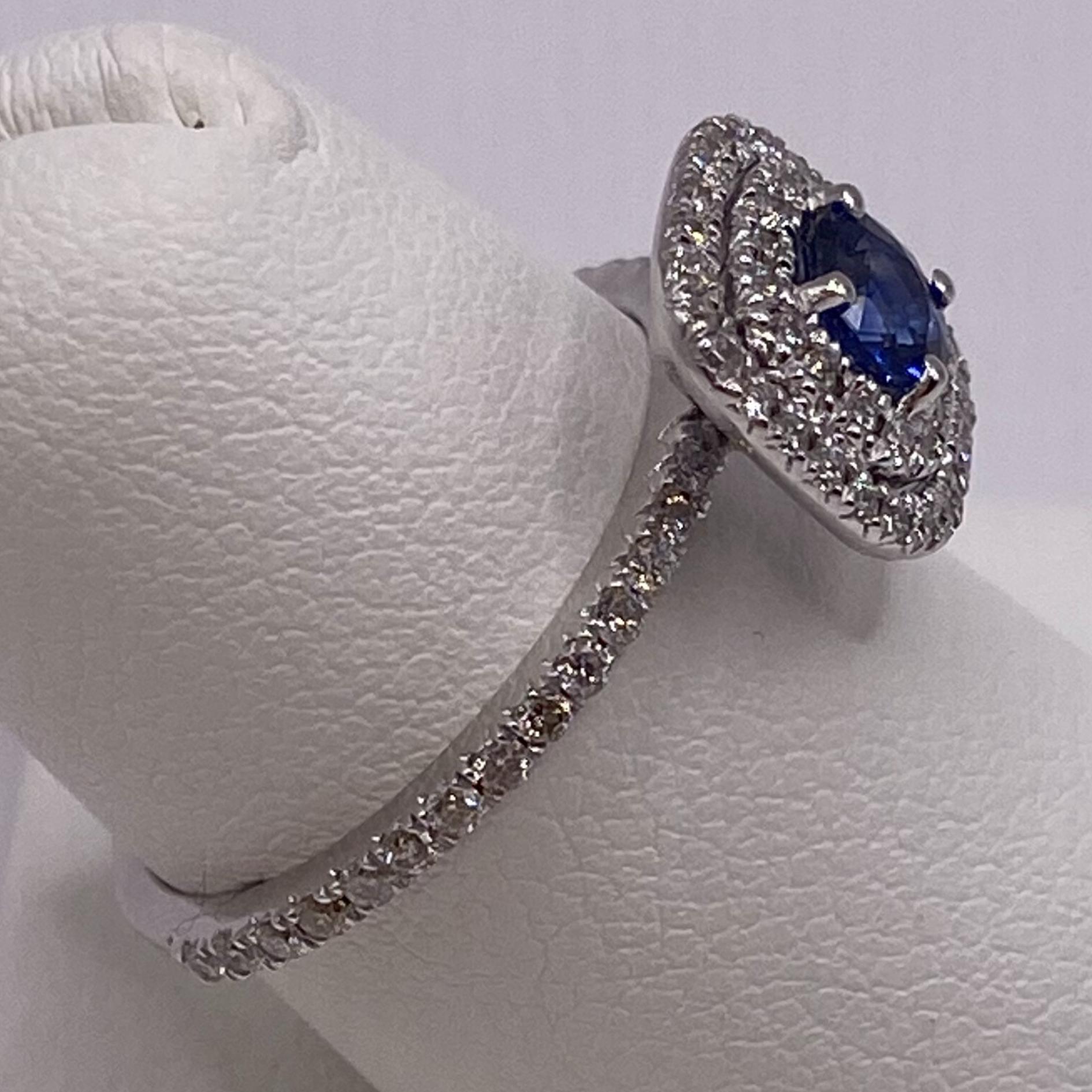 Round Cut 0.92ctw Round Sapphire & Diamond Double Halo Ring in 18KT White Gold For Sale