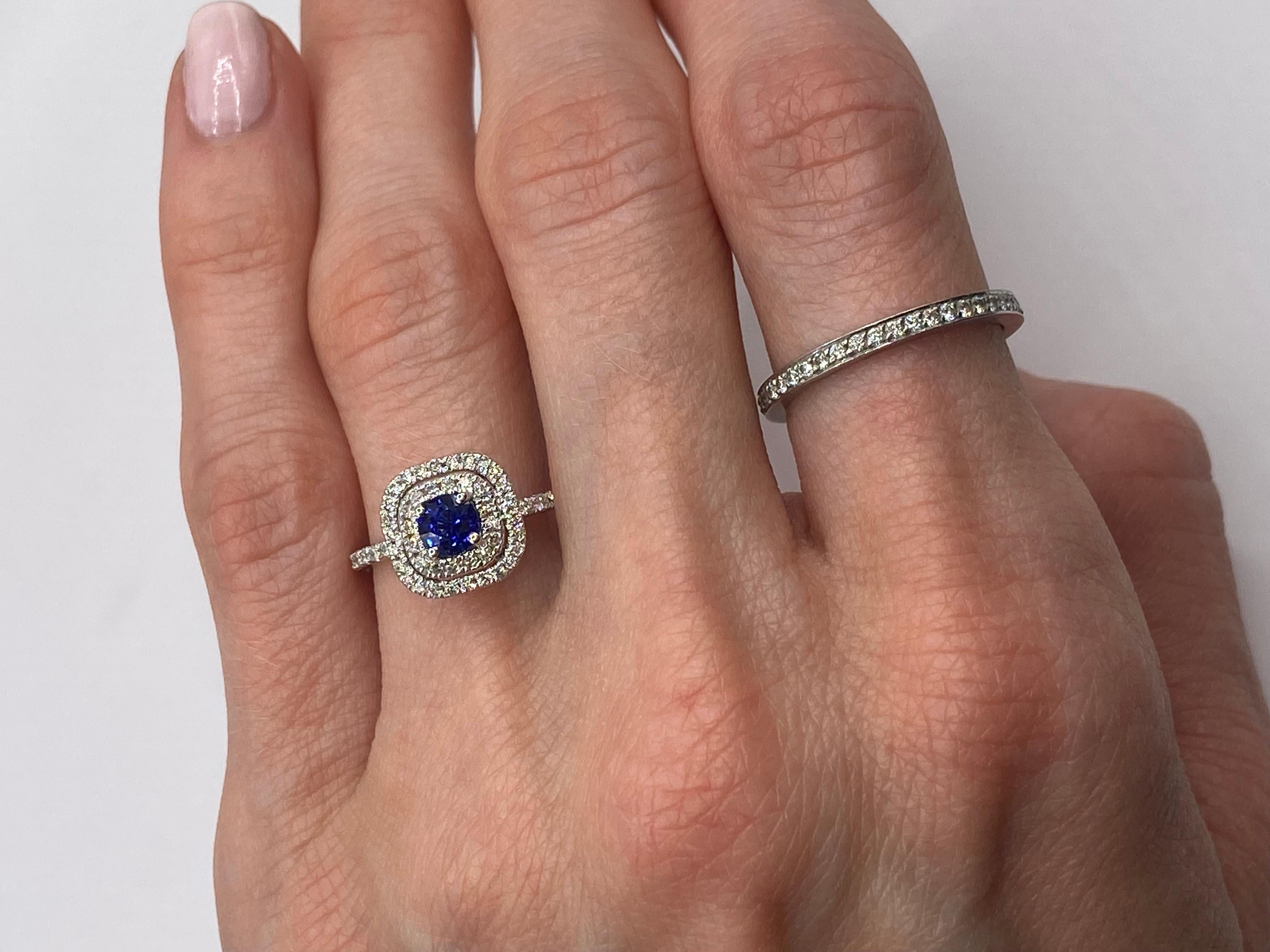 Women's or Men's 0.92ctw Round Sapphire & Diamond Double Halo Ring in 18KT White Gold For Sale