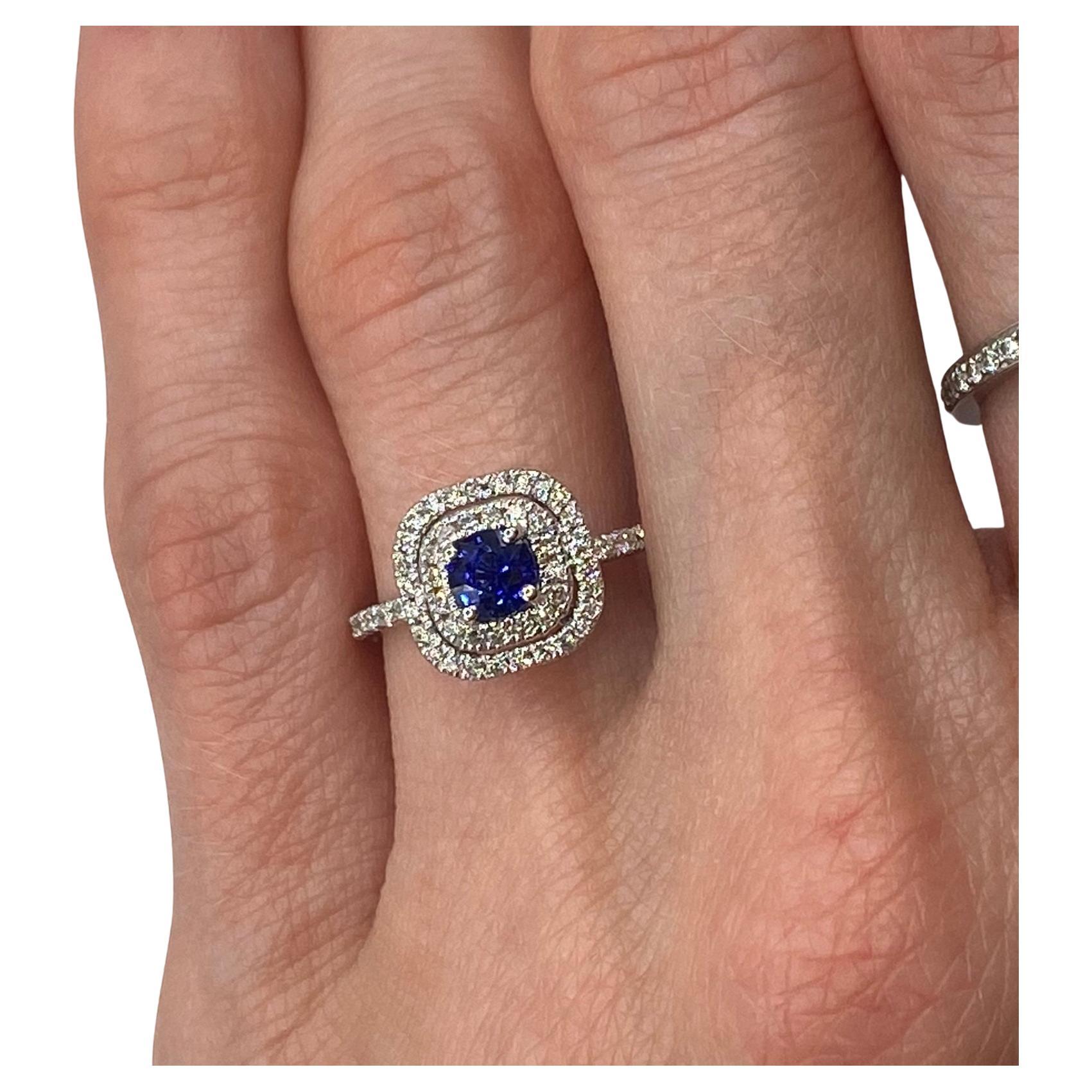 0.92ctw Round Sapphire & Diamond Double Halo Ring in 18KT White Gold For Sale