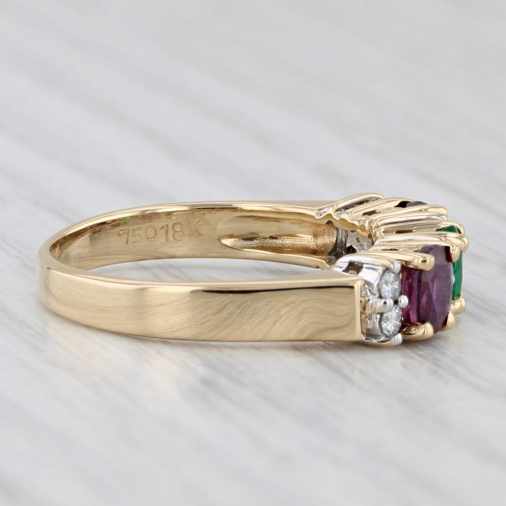 0.92ctw Ruby Sapphire Emerald Diamond Ring 18k Yellow Gold Size 5.5 3-Stone Bon état - En vente à McLeansville, NC