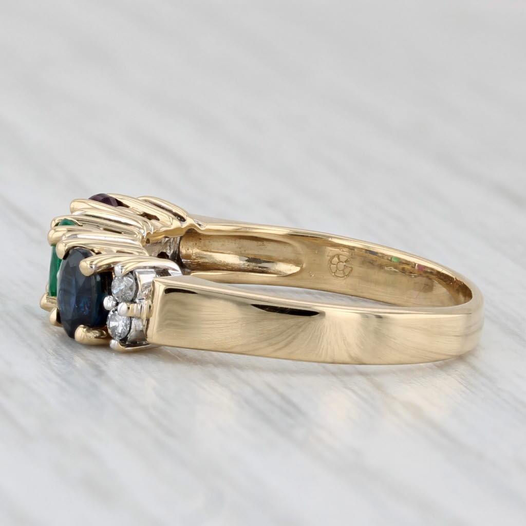 0.92ctw Ruby Sapphire Emerald Diamond Ring 18k Yellow Gold Size 5.5 3-Stone Unisexe en vente