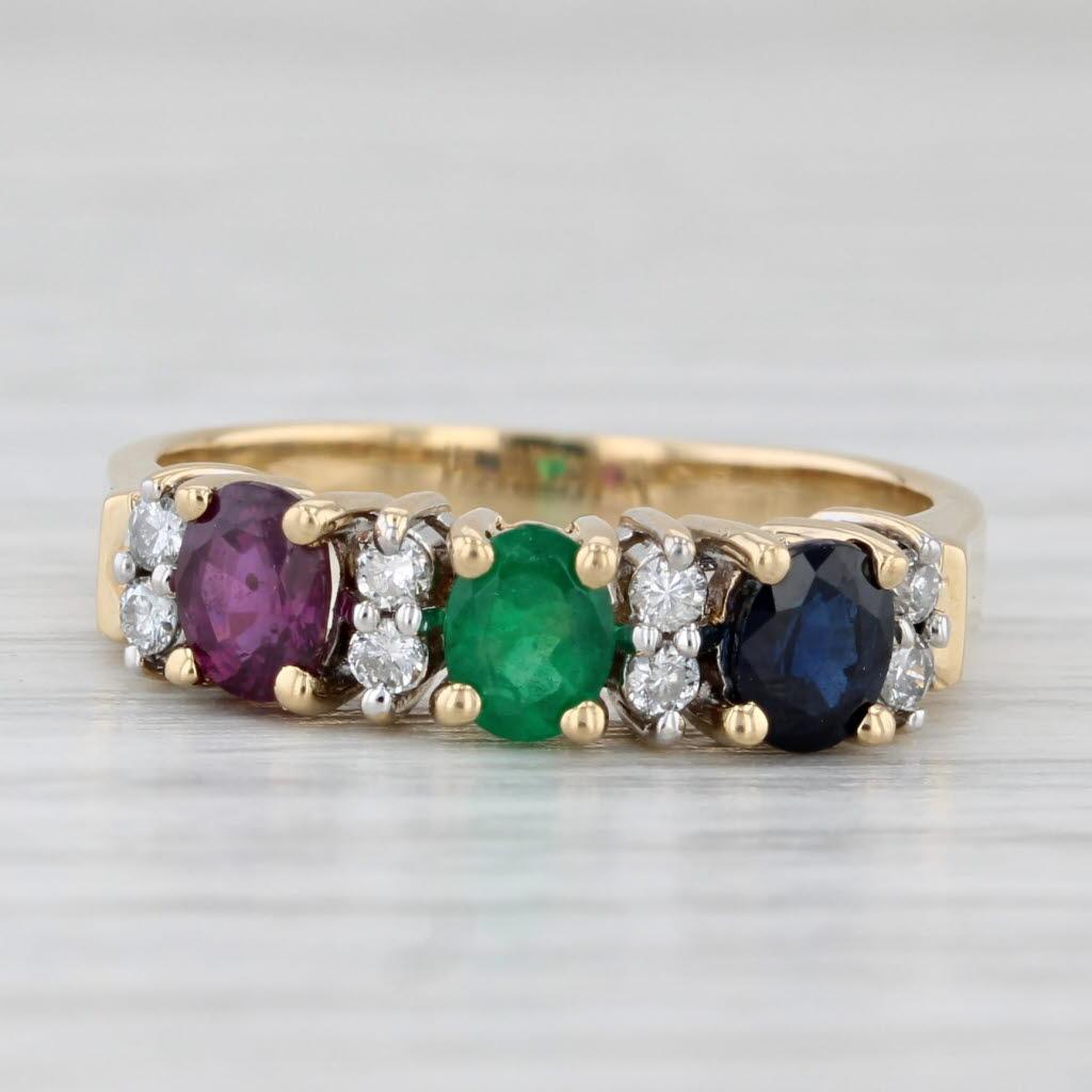 0.92ctw Ruby Sapphire Emerald Diamond Ring 18k Yellow Gold Size 5.5 3-Stone en vente 1