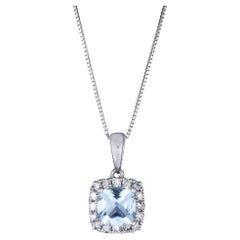 0.93 Carat Cushion-Cut Aquamarine with Diamond Accents 10K White Gold Pendant
