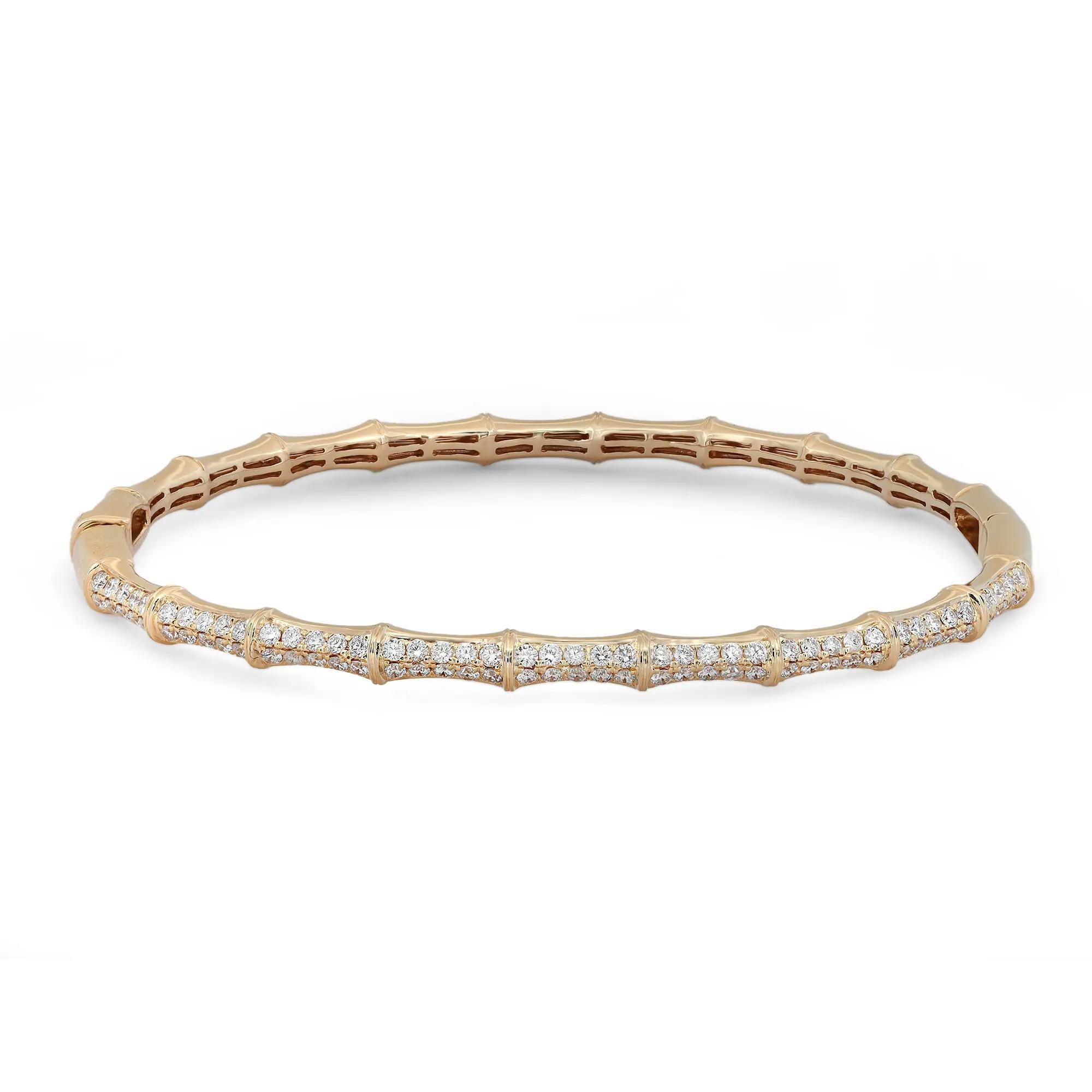 Round Cut 1.00 Carat Diamond Bamboo Bangle Bracelet 18K Yellow Gold For Sale