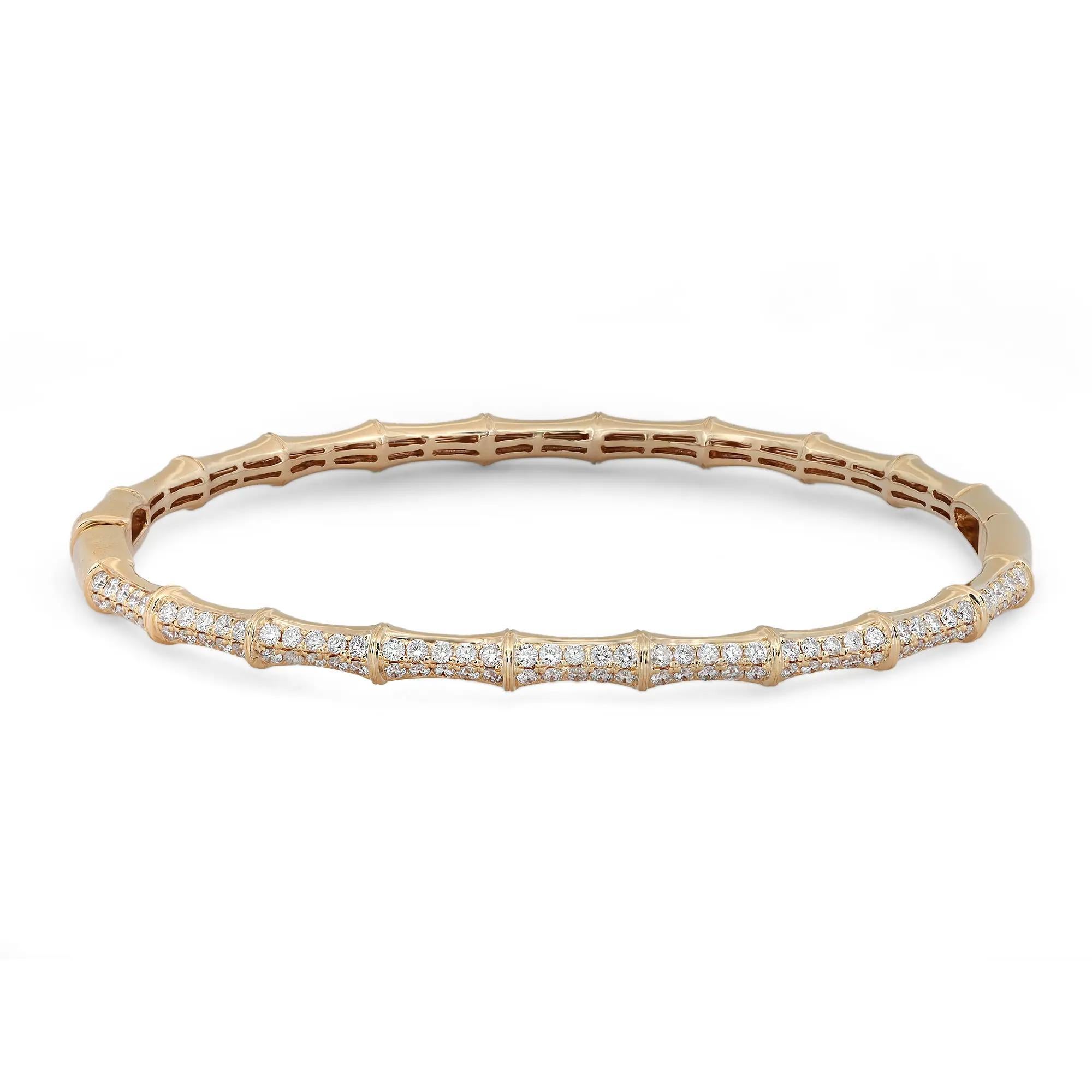 Round Cut 0.93 Carat Diamond Bamboo Bangle Bracelet 18K Yellow Gold For Sale