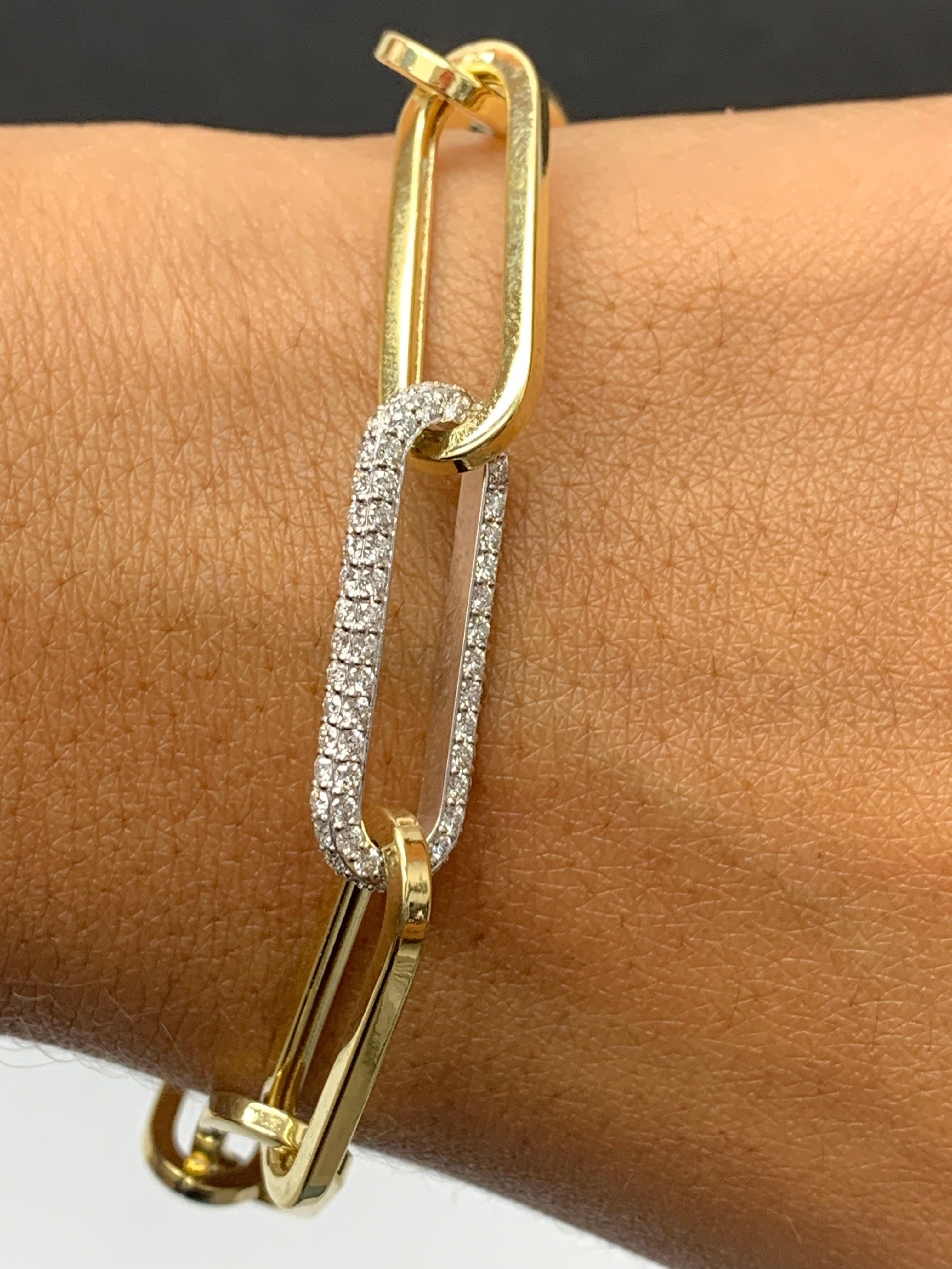 0.93 Carat Diamond Paper Clip Bracelet in 14K Yellow Gold and White Gold For Sale 2