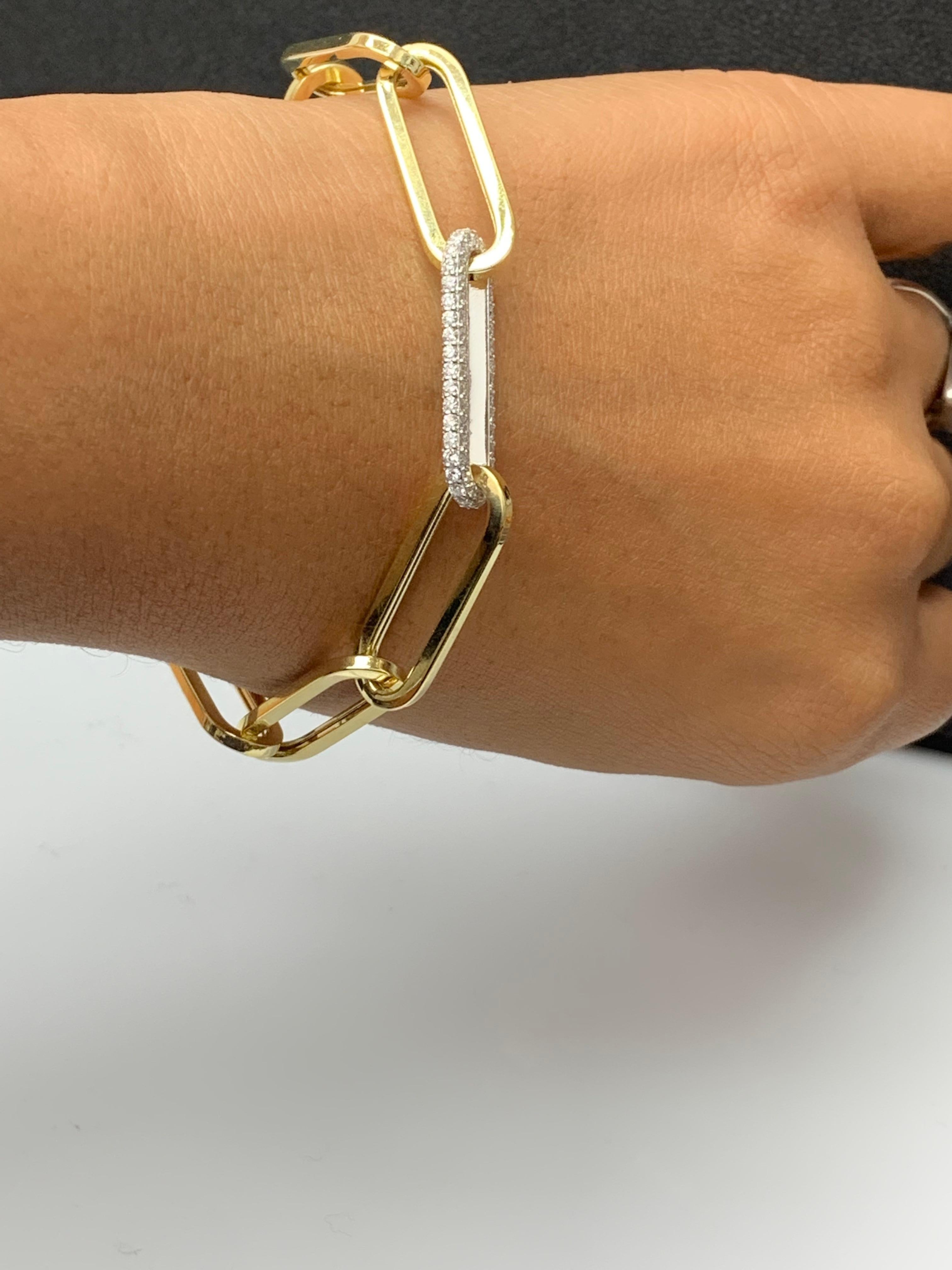 0.93 Carat Diamond Paper Clip Bracelet in 14K Yellow Gold and White Gold For Sale 3
