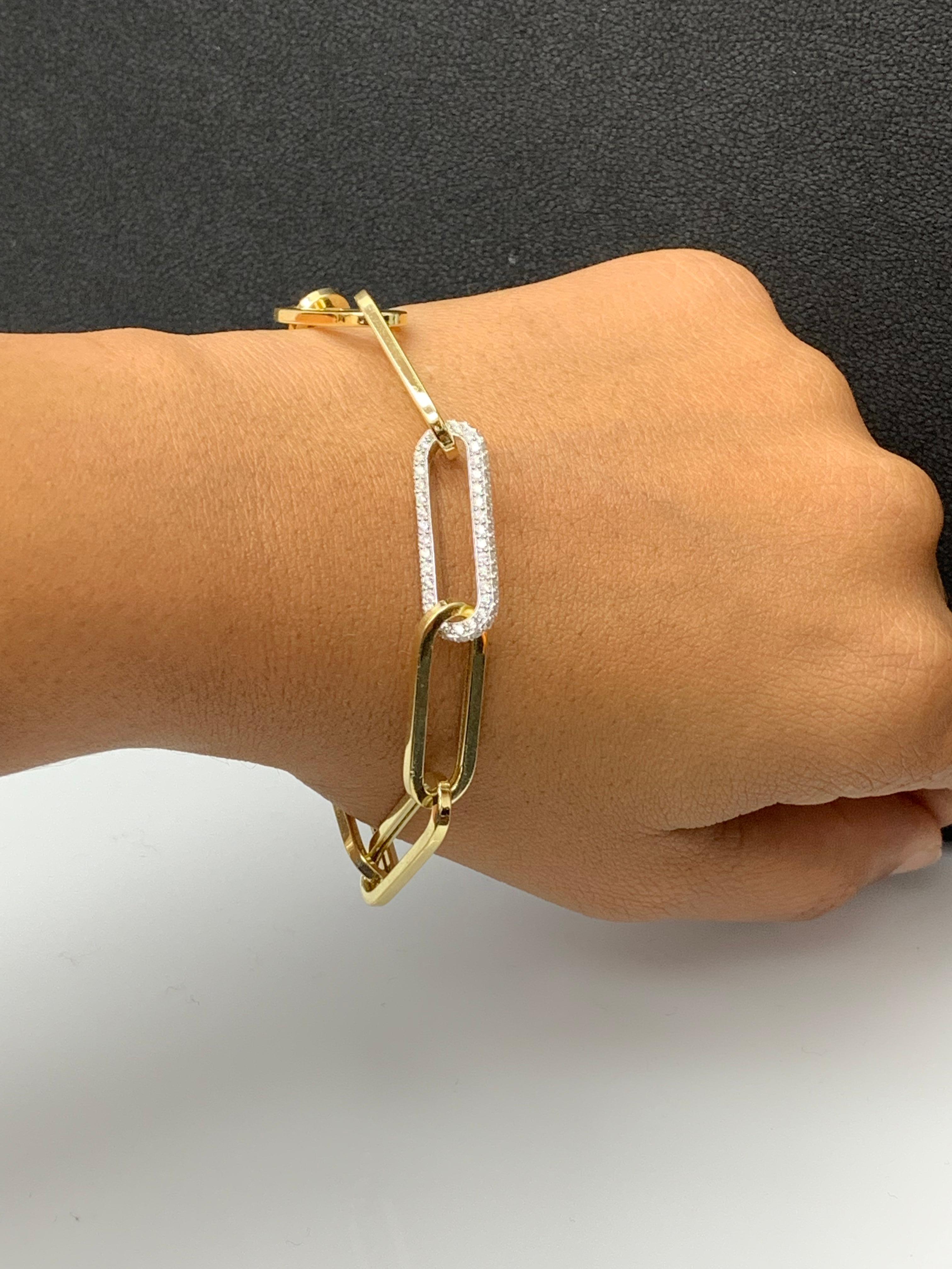 Brilliant Cut 0.93 Carat Diamond Paper Clip Bracelet in 14K Yellow Gold and White Gold For Sale