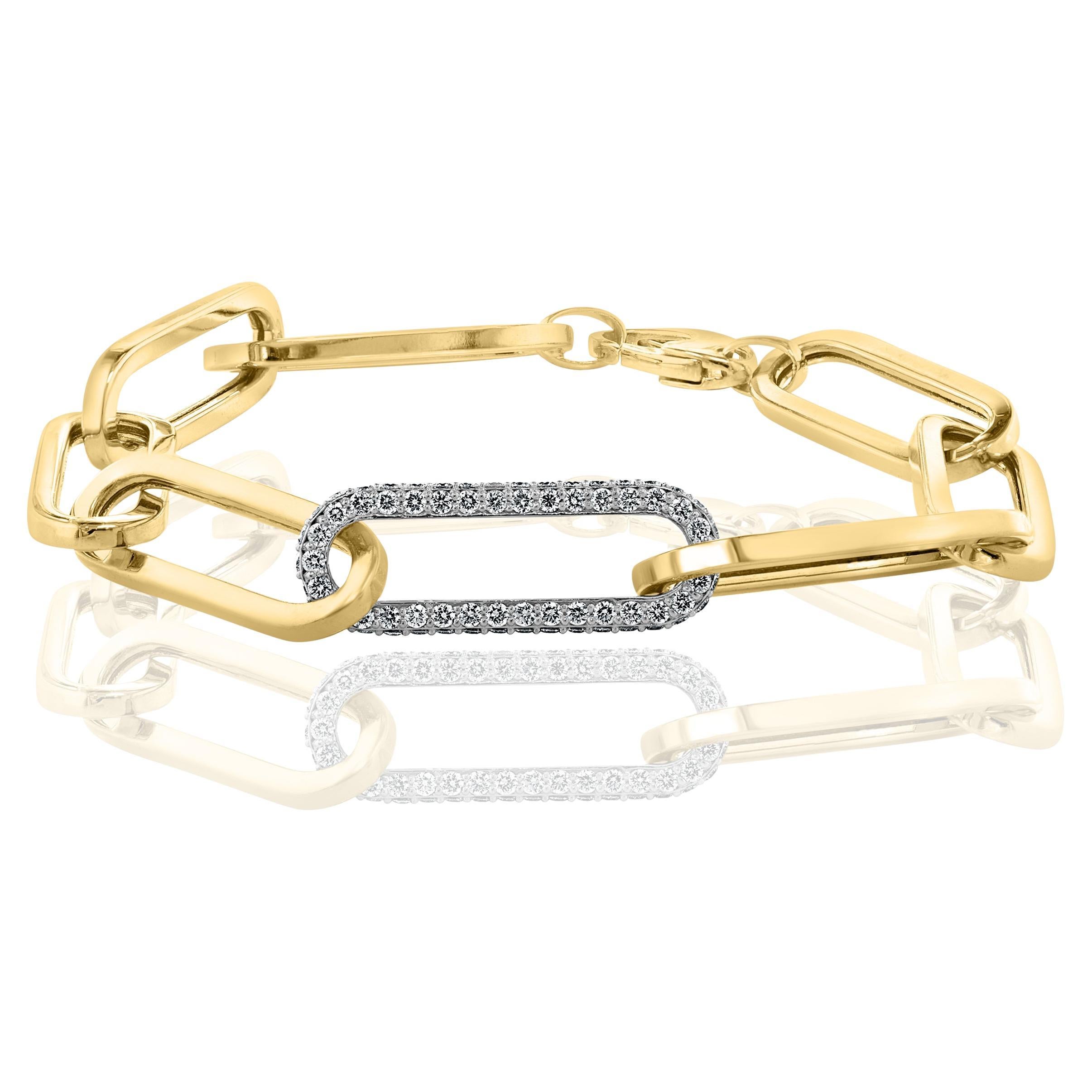 0.93 Carat Diamond Paper Clip Bracelet in 14K Yellow Gold and White Gold For Sale
