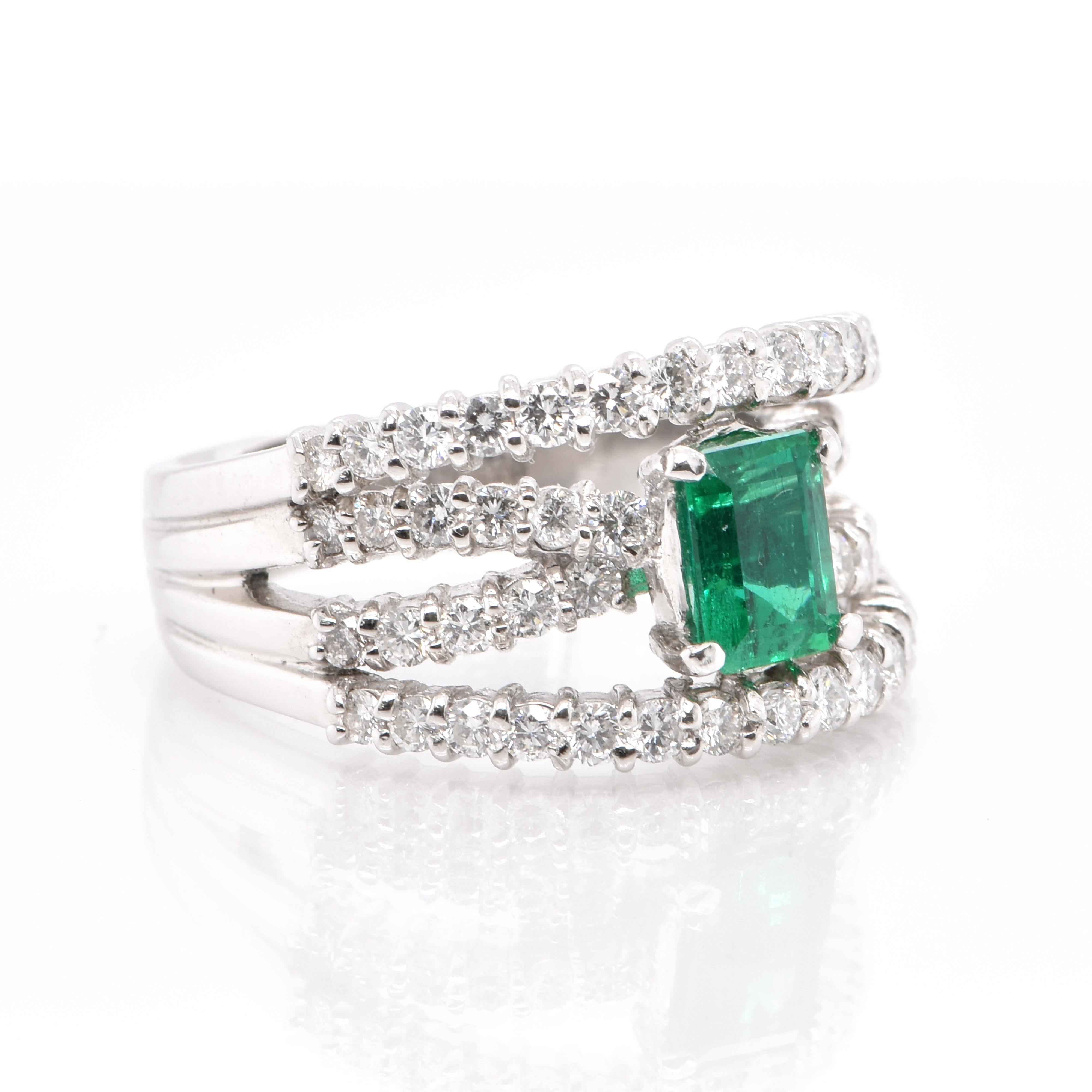 Modern 0.93 Carat, Natural, Colombian Emerald and Diamond Ring Set in Platinum