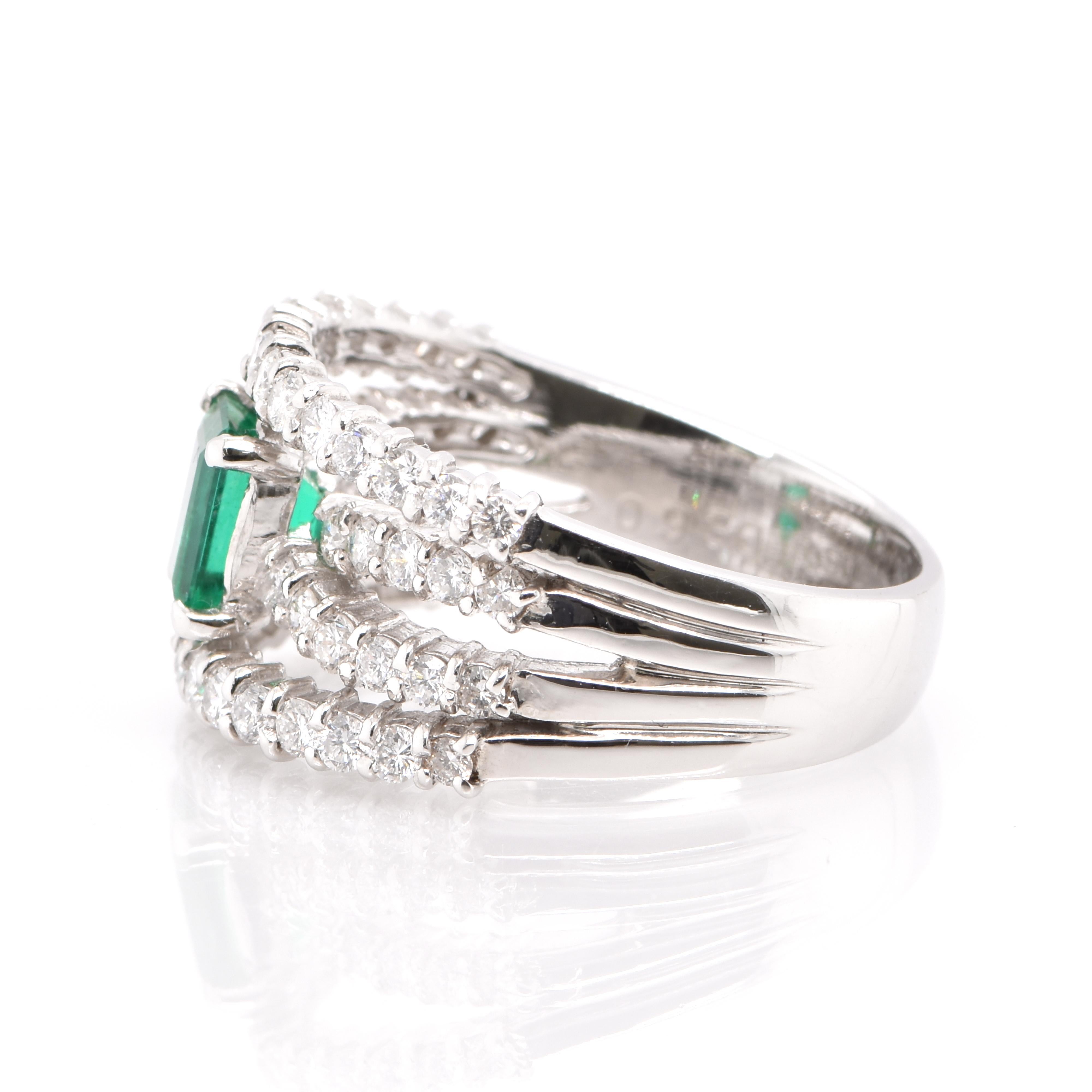 Emerald Cut 0.93 Carat, Natural, Colombian Emerald and Diamond Ring Set in Platinum