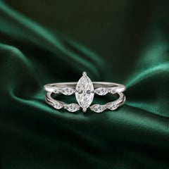 0.93 Carat Natural Diamond Marquise Solitaire & Guard Band Set 18K White Gold