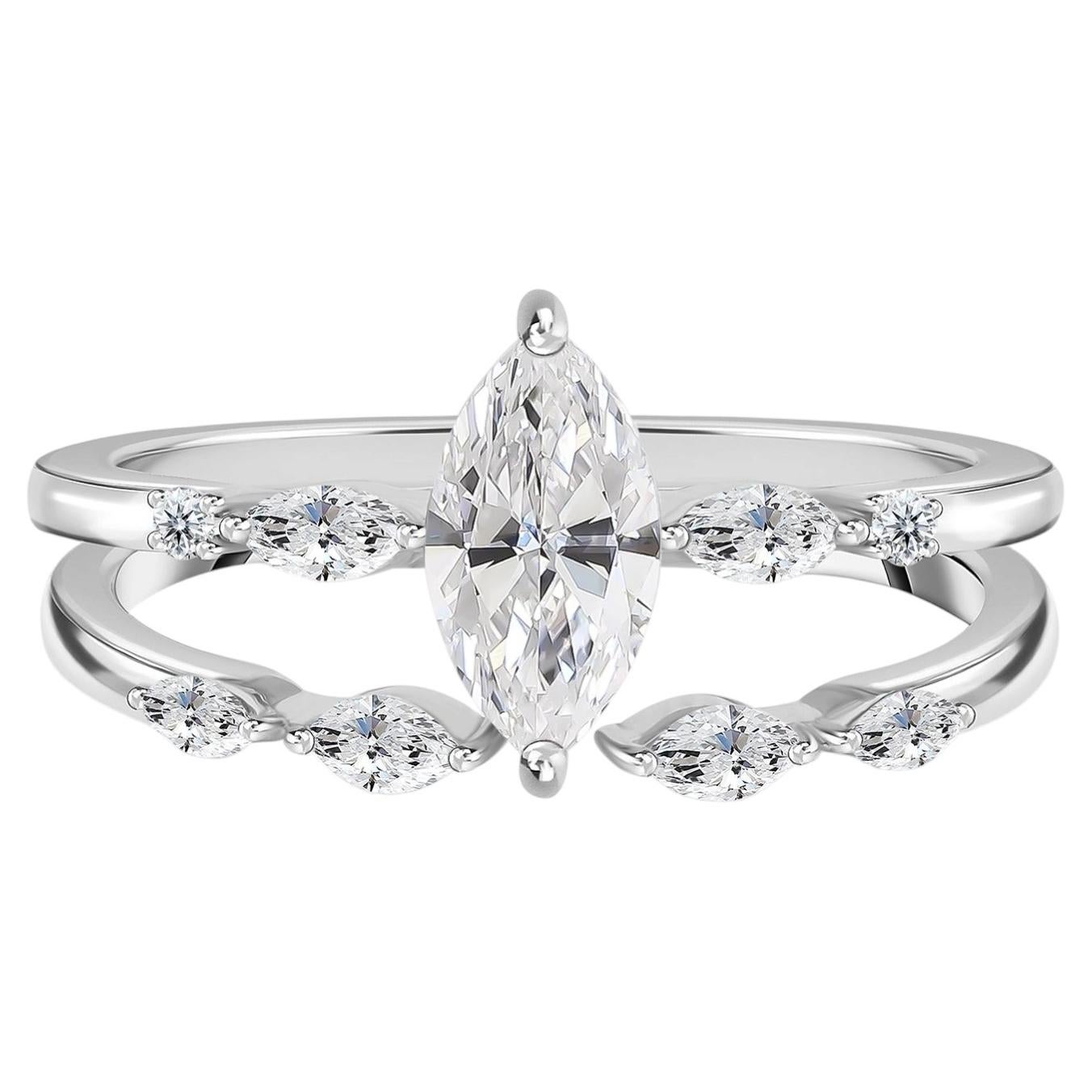 0.93 Carat Natural Diamond Marquise Solitaire & Guard Band Set 18K White Gold