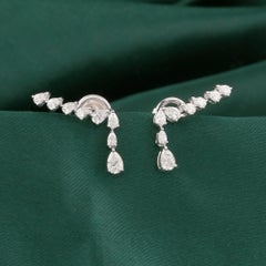 0.93 Carat Natural Pear Diamond Ear Climber Drop Earrings in 18K White Gold