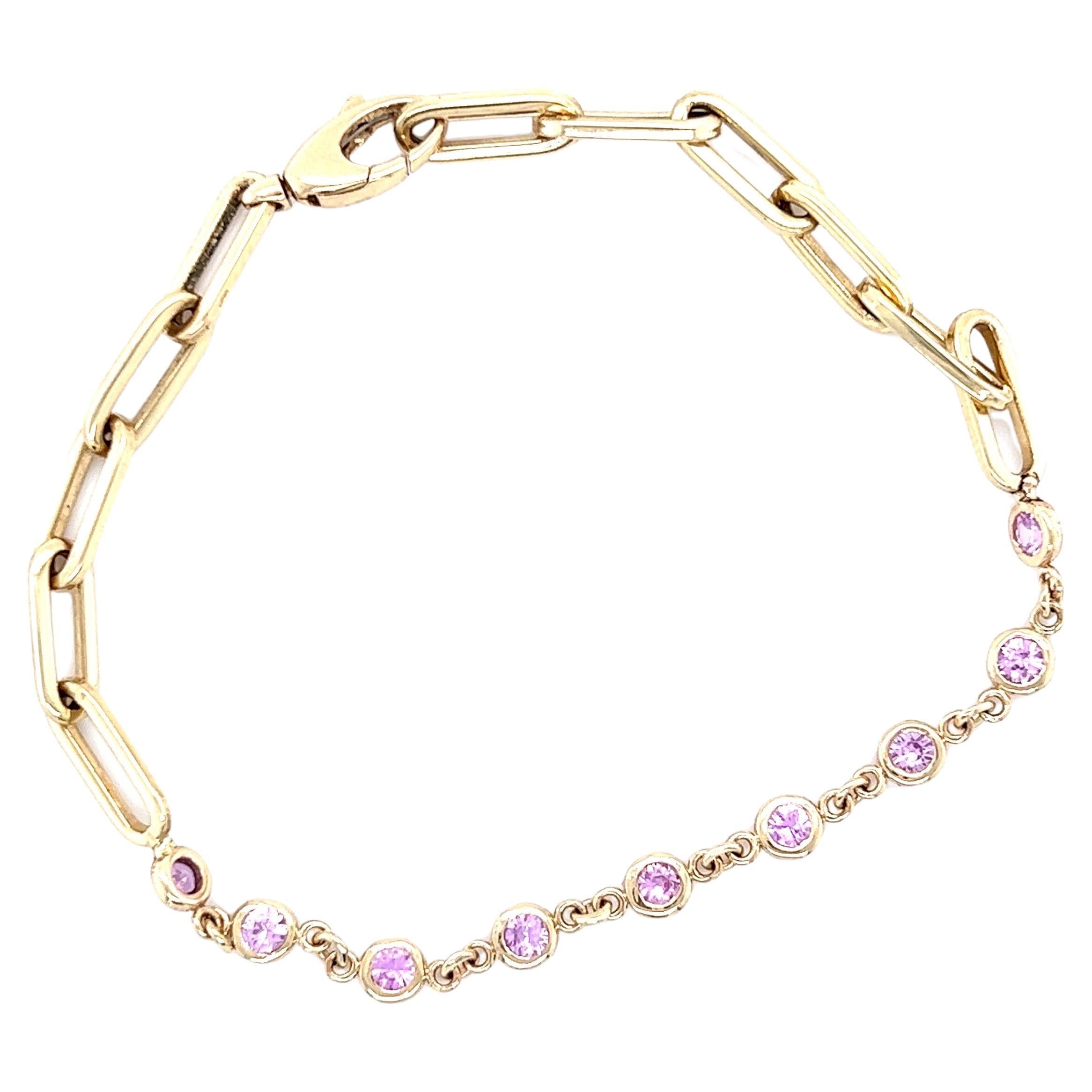 0.93 Carat Natural Pink Sapphire Paperclip Yellow Gold Bracelet For Sale