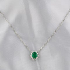 0.93 Carat Natural Zambian Emerald Diamond Halo Pendant 18K White Gold