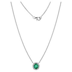 0.93 Carat Natural Zambian Emerald Diamond Halo Pendant 18K White Gold