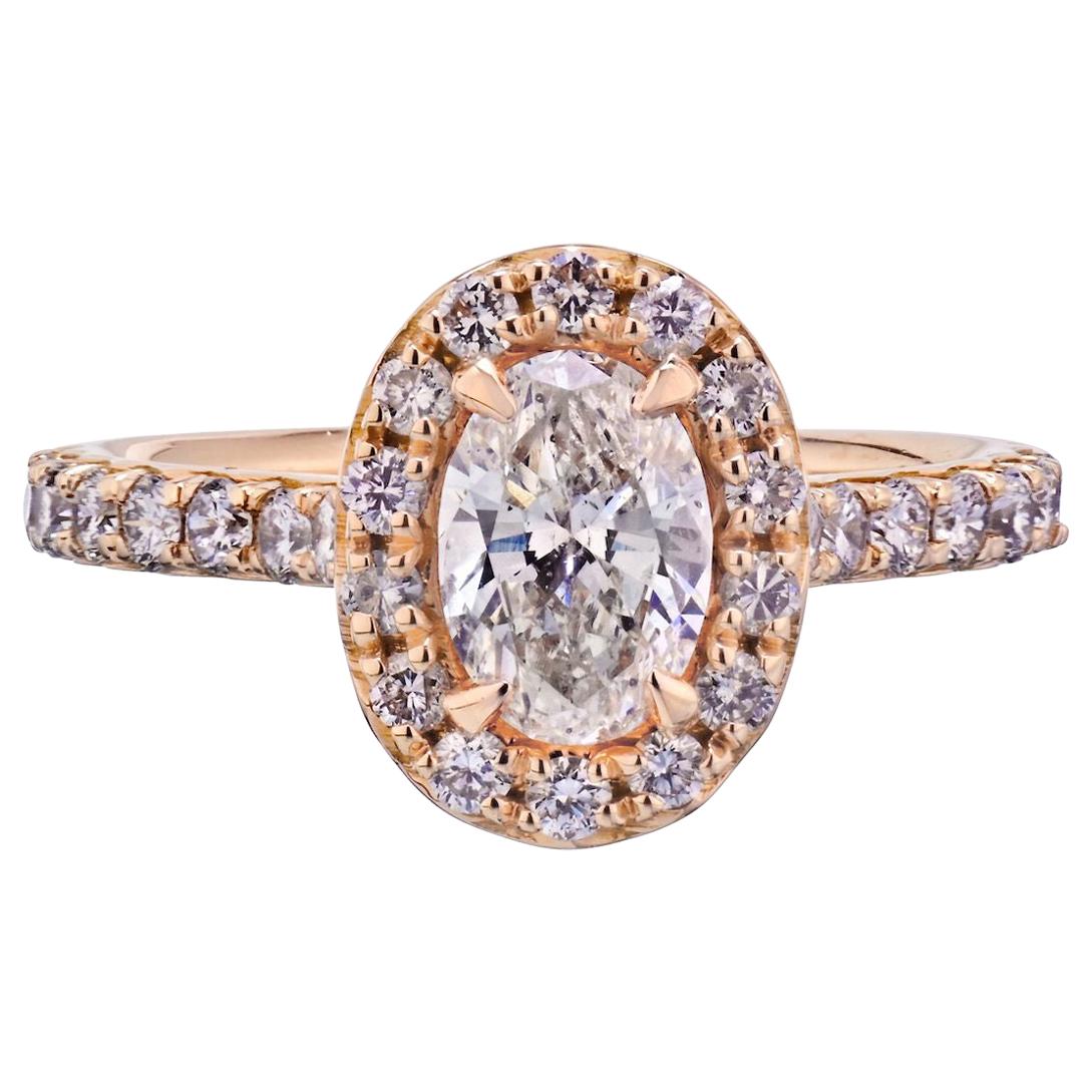 0.93 Carat Oval Diamond G/SI2 EGLA Halo Engagement Ring For Sale