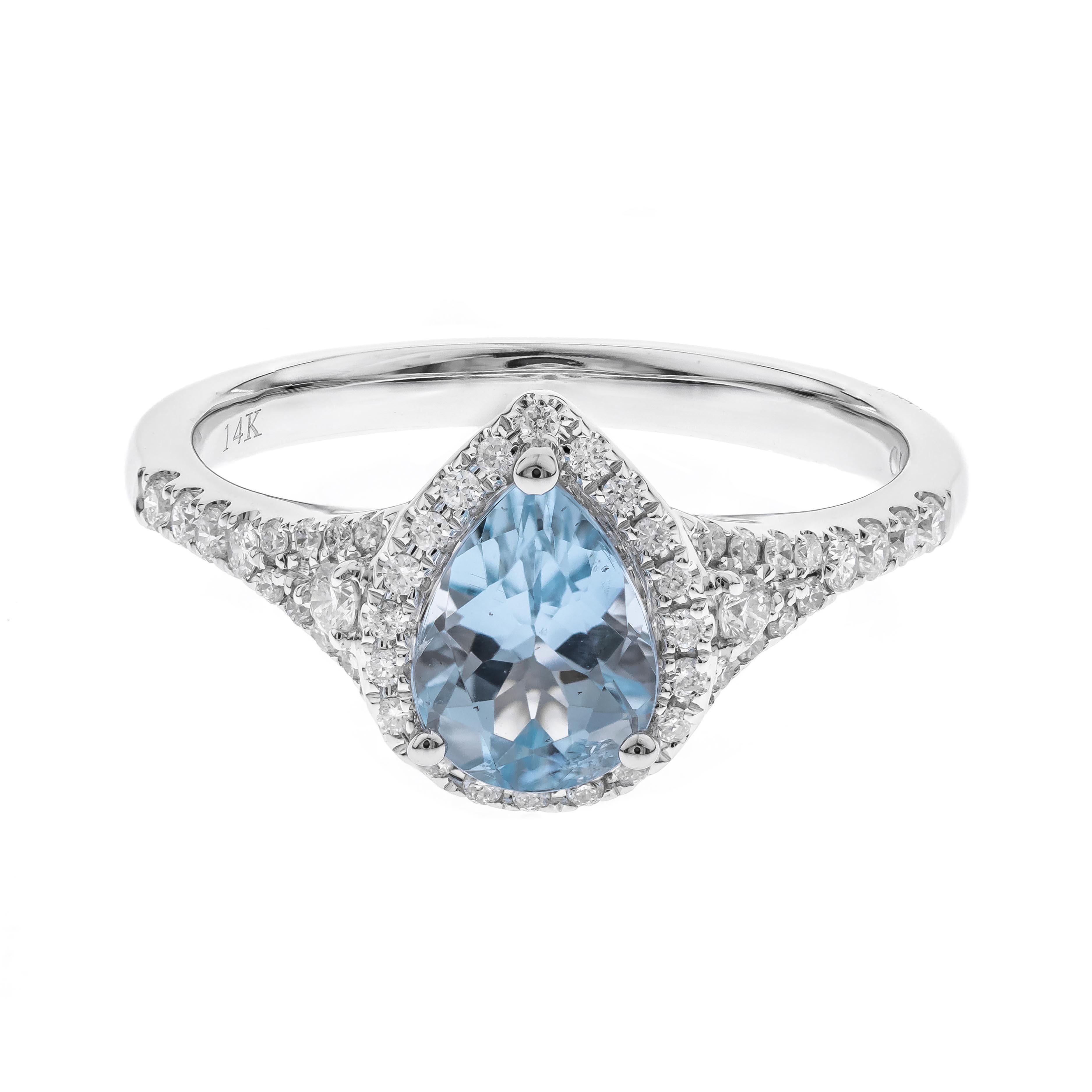 Art Deco 0.93 Carat Pear-Cut Aquamarine Diamond Accents 14K White Gold Ring For Sale