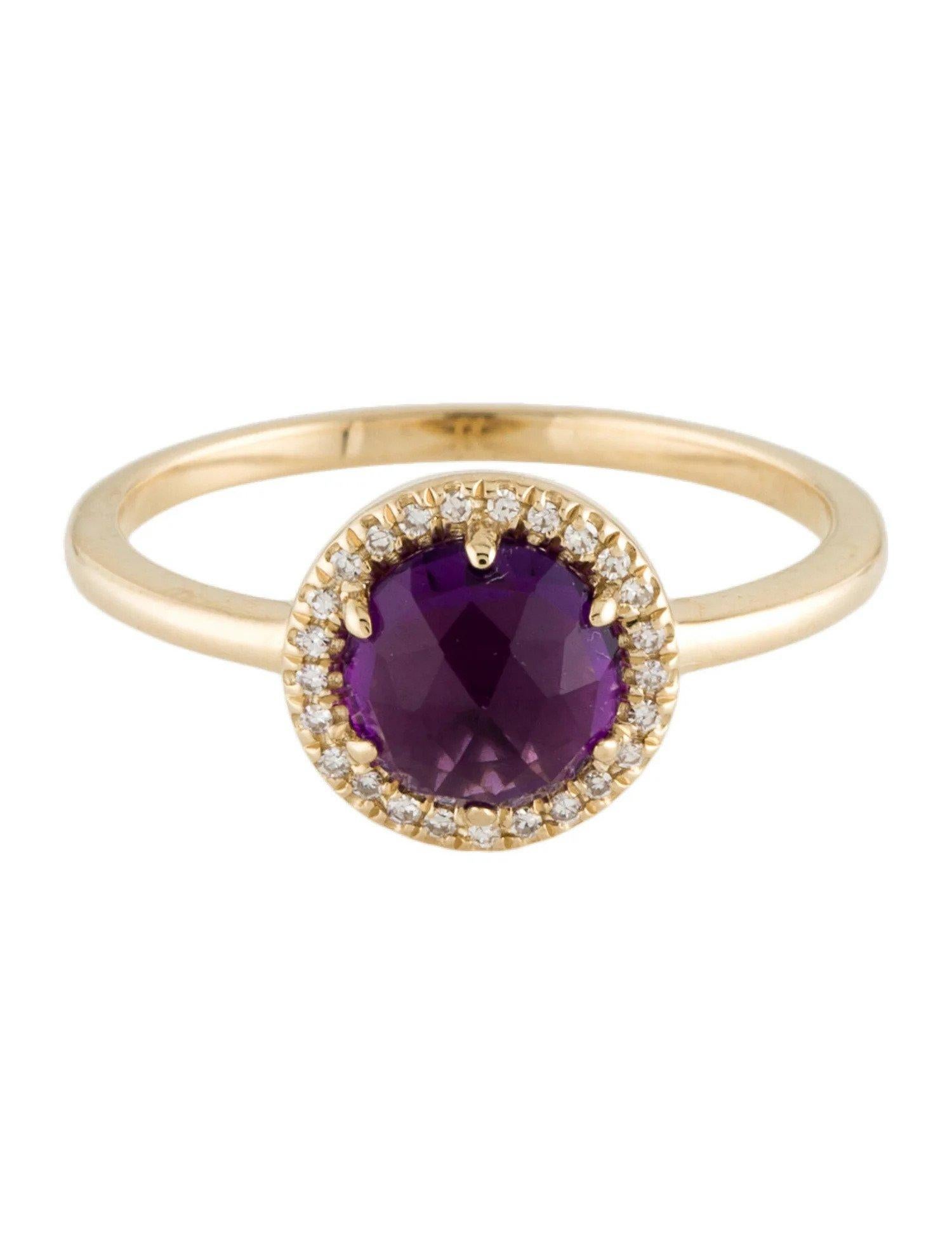 This Amethyst & Diamond Ring is a stunning and timeless accessory that can add a touch of glamour and sophistication to any outfit. 

This ring features a 0.93 Carat Round Purple Amethyst, with a Diamond Halo comprised of 0.06 Carats of Single Cut