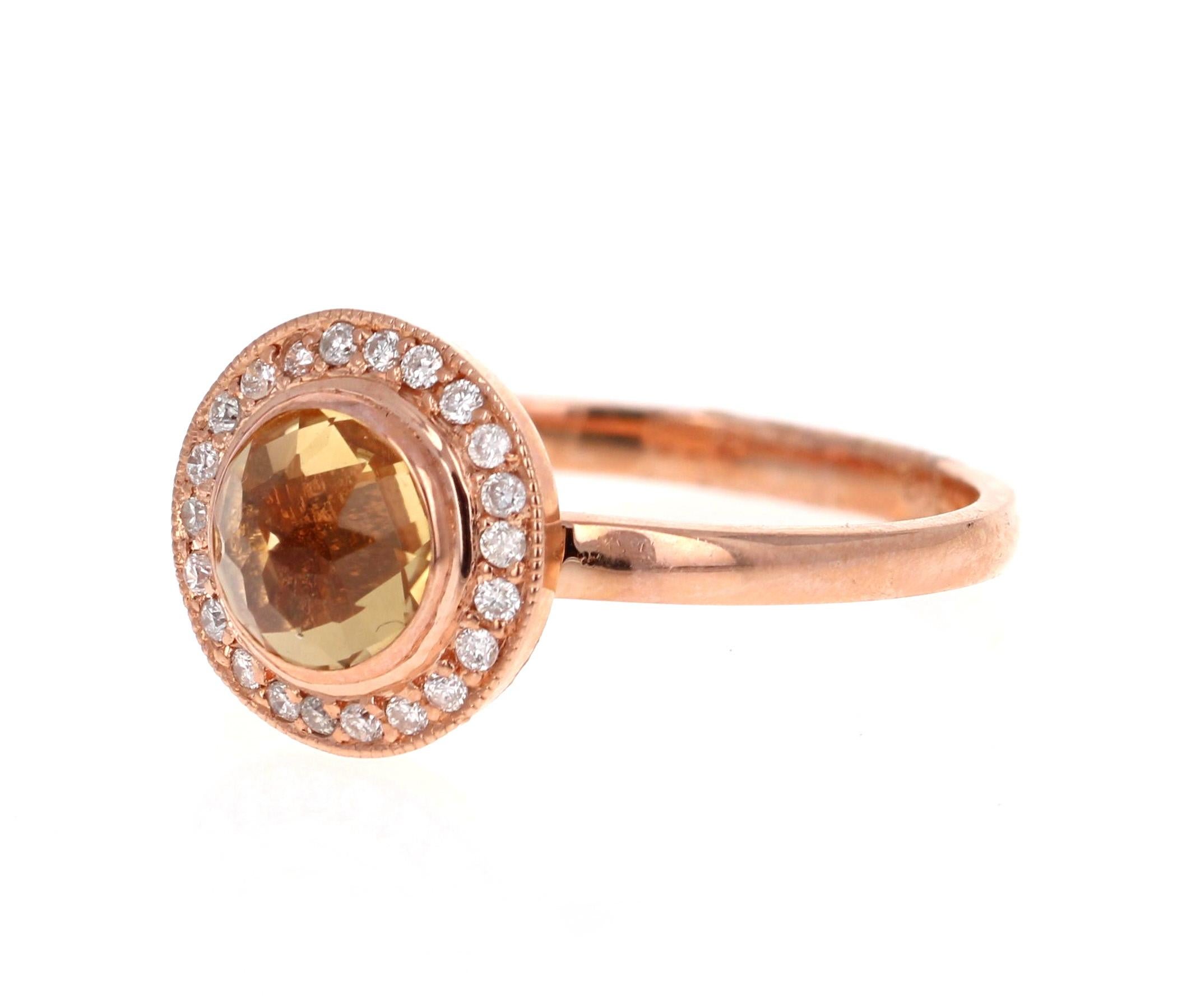 A cute and dainty Citrine ring accented with some Diamonds!

This cute ring has a Round Cut Citrine that weighs 0.79 Carats and is surrounded by a beautiful halo of 22 Round Cut Diamonds that weigh 0.14 Carats. (Clarity: SI, Color: F) The total