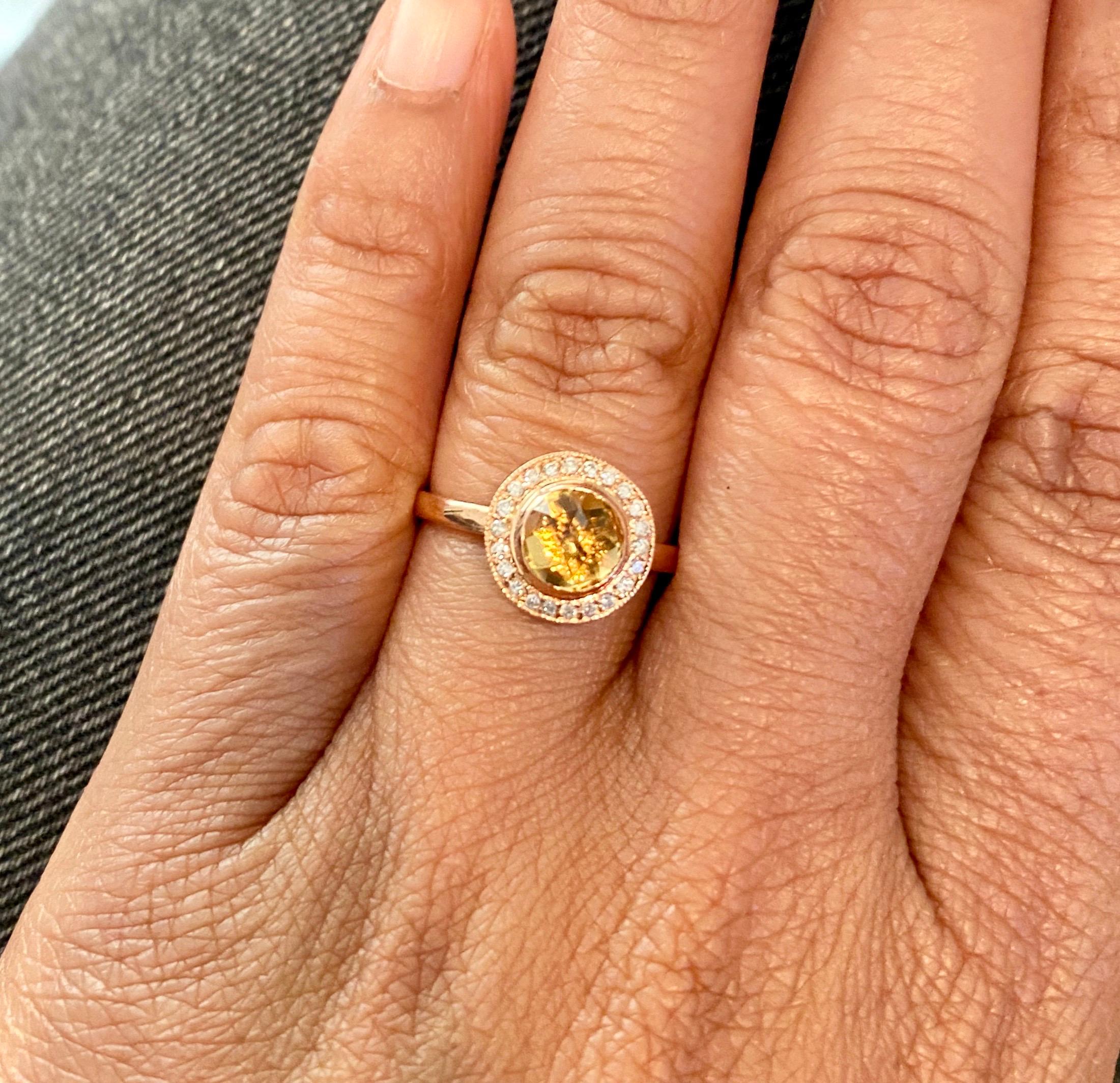 0.93 Carat Round Cut Citrine Diamond 14 Karat Rose Gold Ring In New Condition For Sale In Los Angeles, CA