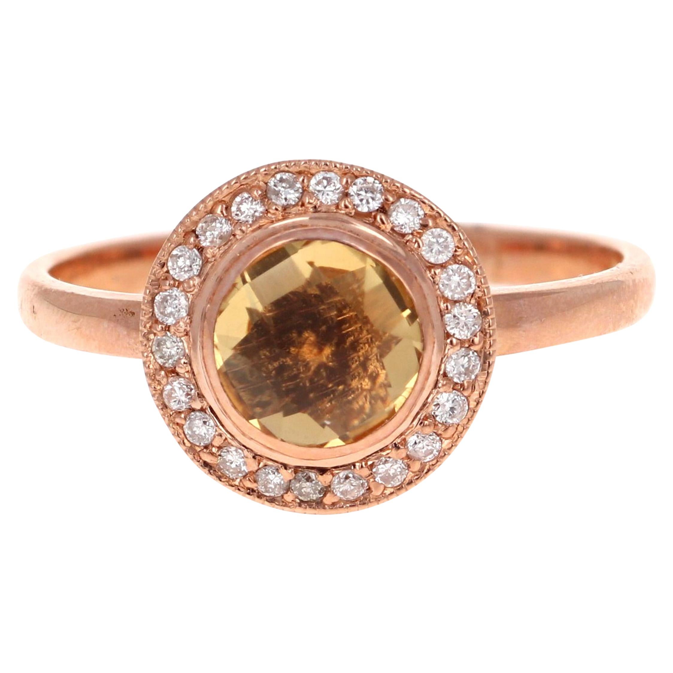0.93 Carat Round Cut Citrine Diamond 14 Karat Rose Gold Ring For Sale