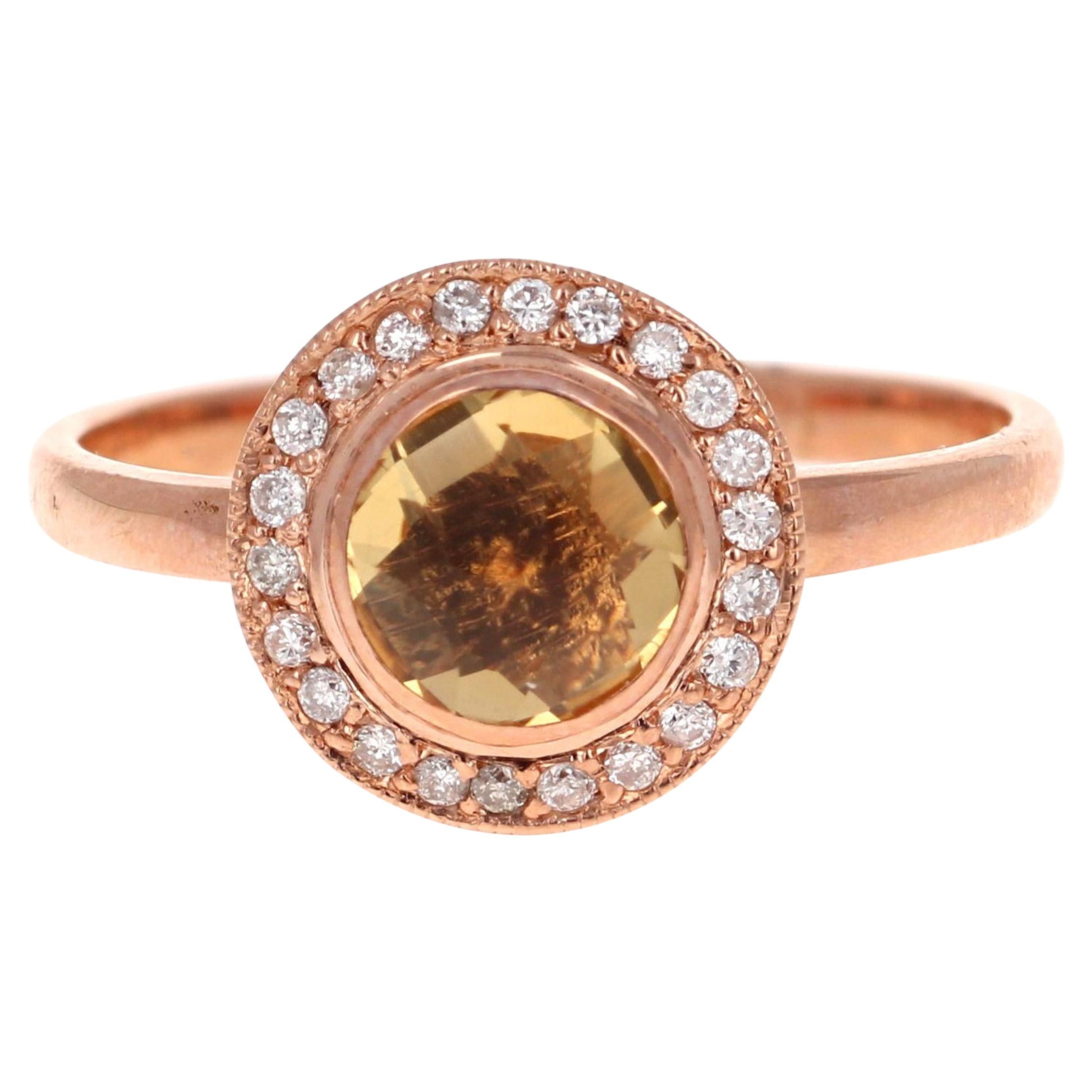 Bague en or rose 14 carats avec diamants et citrine taille ronde de 0,93 carat