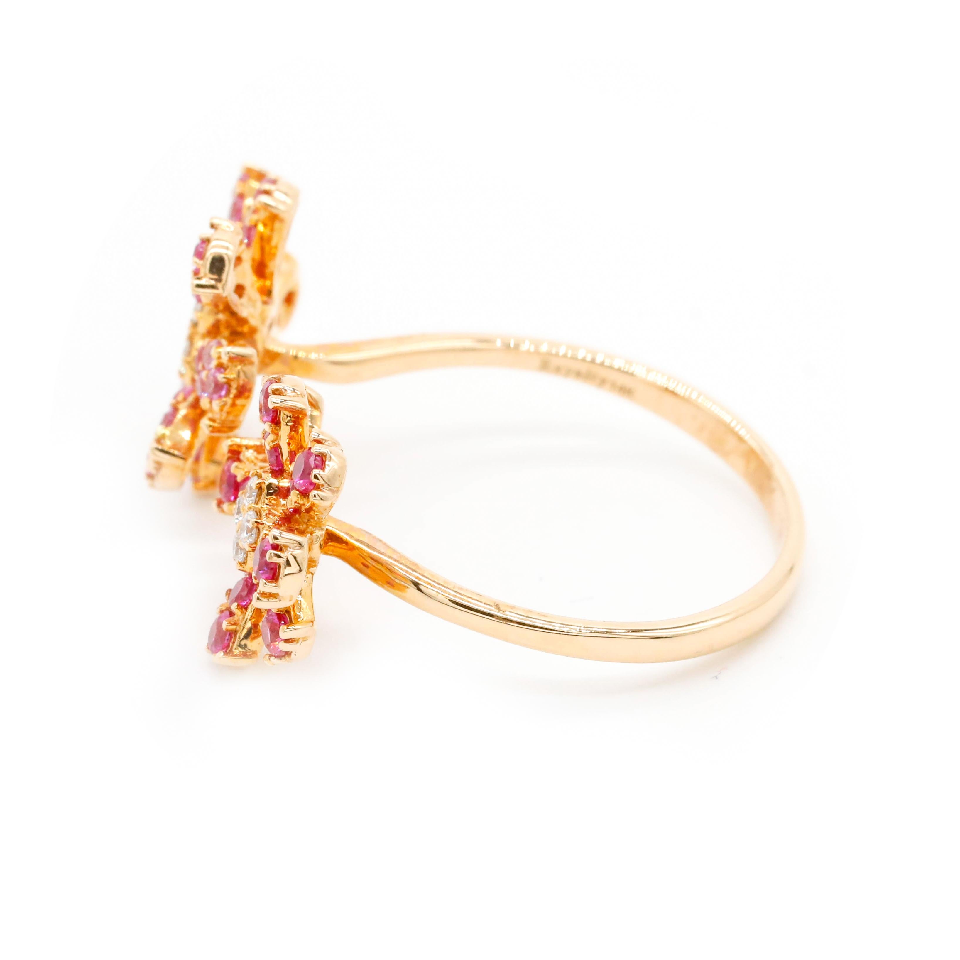Contemporary 0.93 Ct Diamond Ruby Pink Sapphire Pave Daisy Flower 14K Yellow Gold Ring