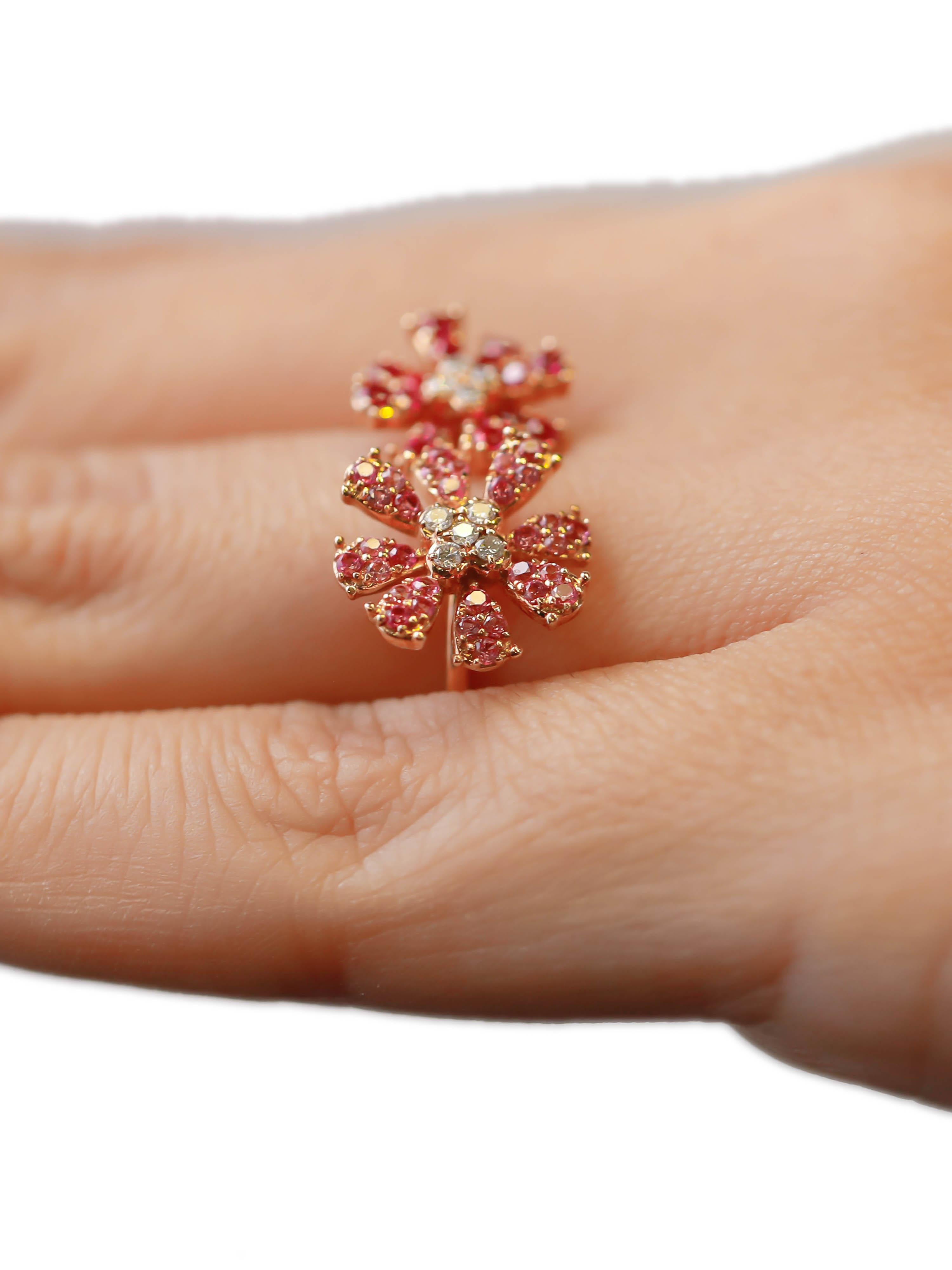 Women's 0.93 Ct Diamond Ruby Pink Sapphire Pave Daisy Flower 14K Yellow Gold Ring