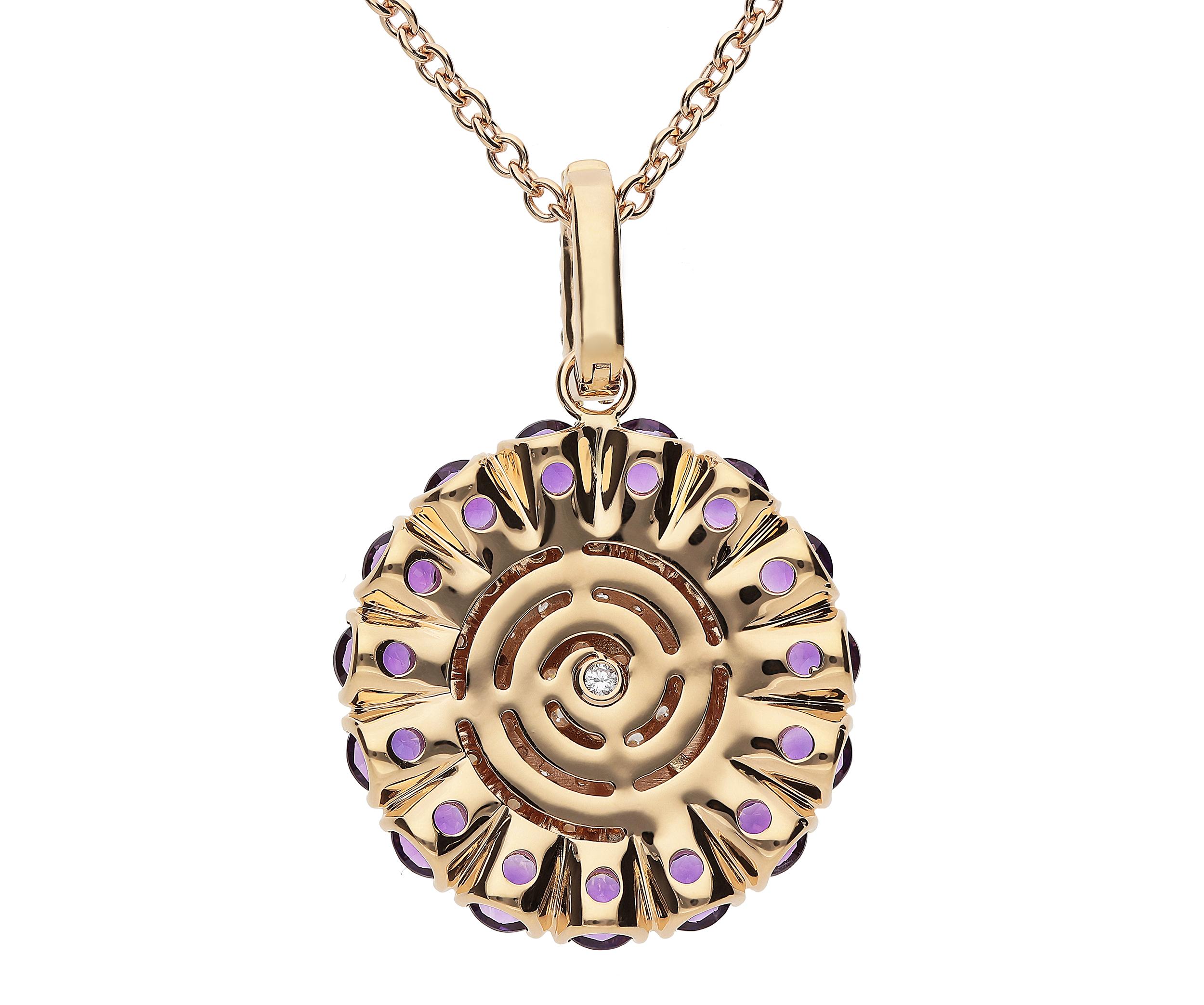 Round Cut 0.93 GSI Diamonds 1.36 Brown Diamonds 3.08 Amethyst Pink Gold Pendant Necklace For Sale