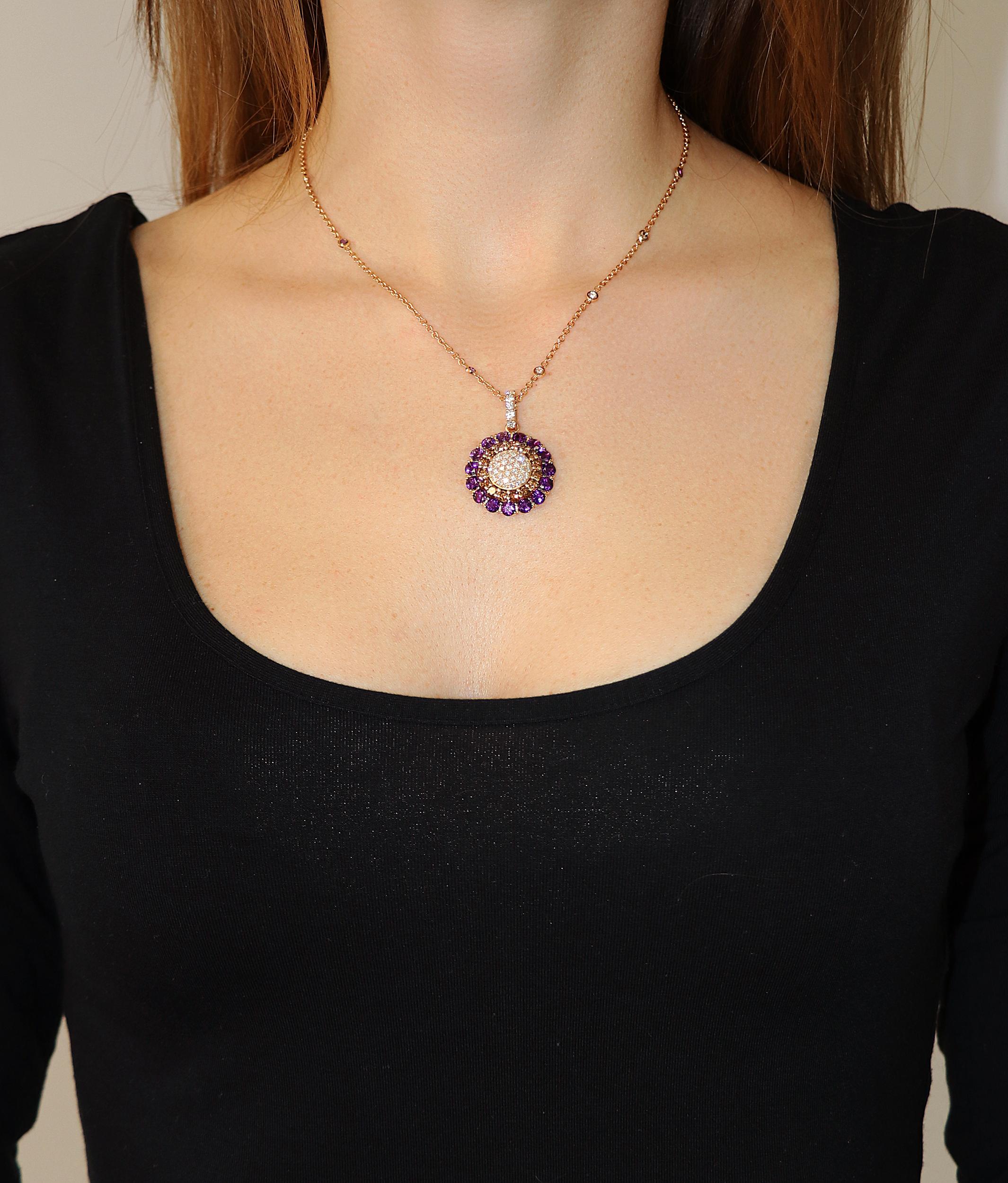 0.93 GSI Diamonds 1.36 Brown Diamonds 3.08 Amethyst Pink Gold Pendant Necklace In New Condition For Sale In Valenza, IT