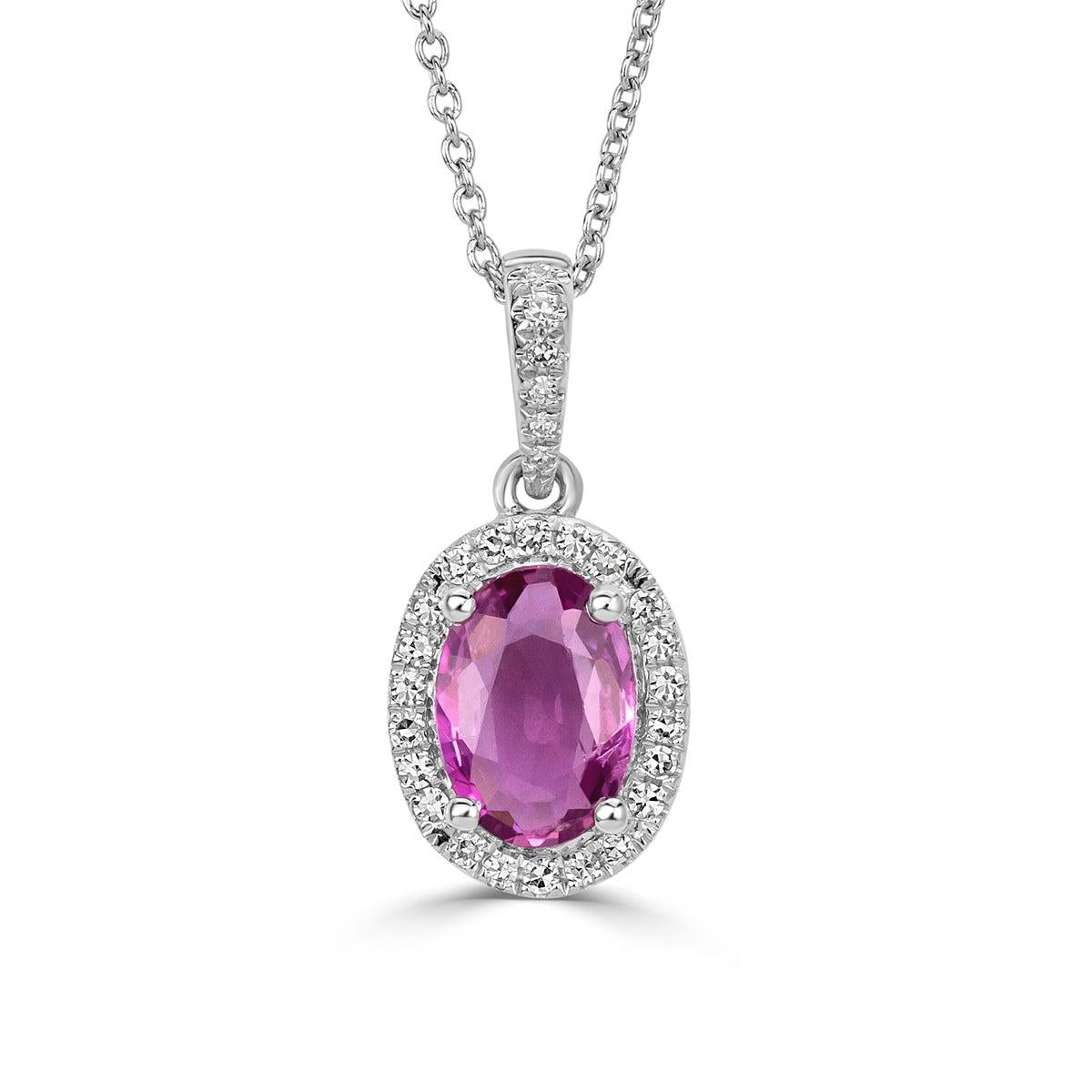 0.93ct Round Brilliant Cut Diamond and Oval Cut Pink Sapphire Halo Pendant in en venta