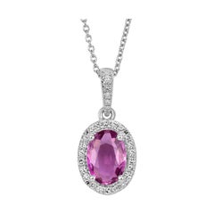 0.93ct Round Brilliant Cut Diamond and Oval Cut Pink Sapphire Halo Pendant in