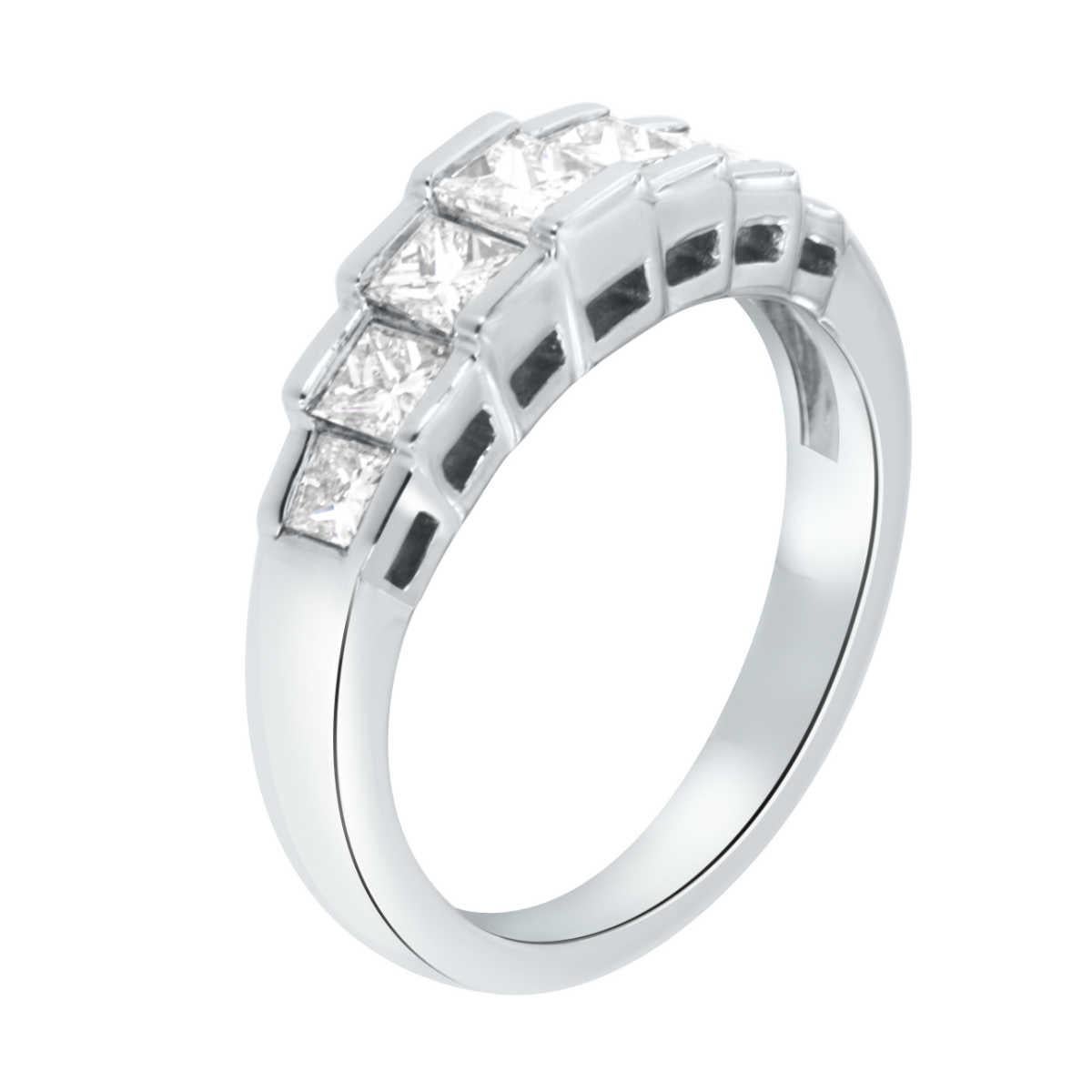 This 18k white gold handcrafted Women's band showcases graduating Princess Cut diamonds on a five (5) MM wide tapered band. The band is in a polished finish.

Diamond Weight : 0.94 Carats
Diamond Color: G-H 
Diamond Clarity: VS2
Finger size : 5
