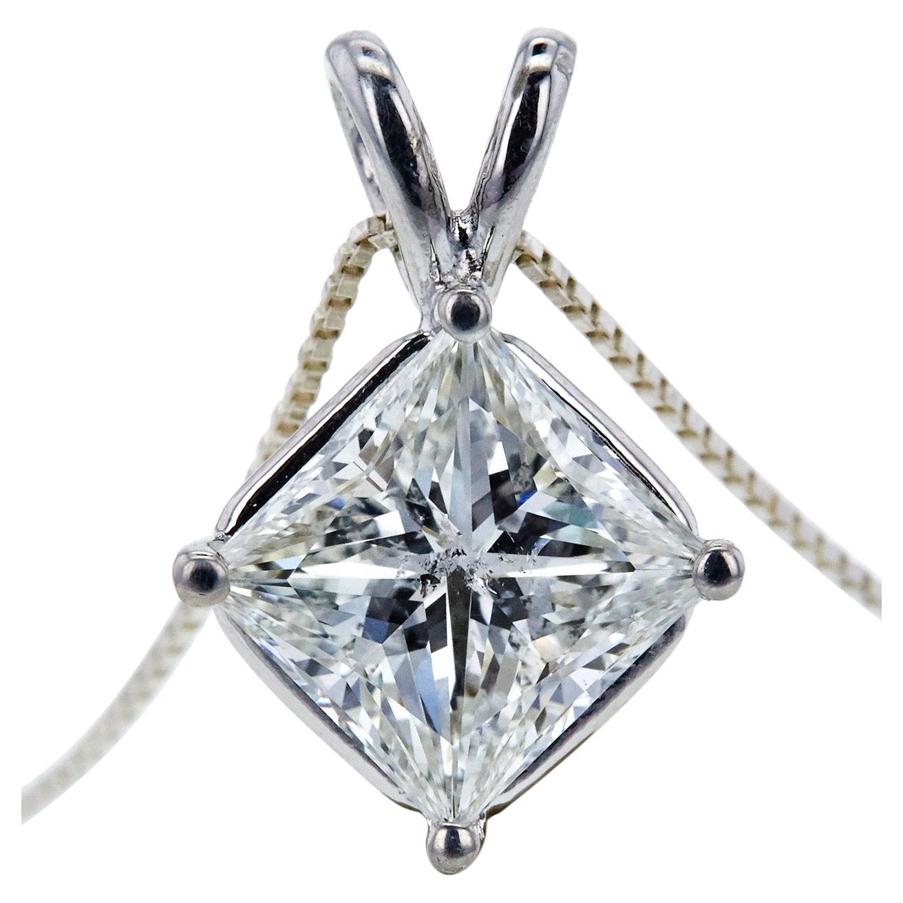1 Carat Ct Princess Diamond Solitaire Pendant Necklace in 14k White Gold