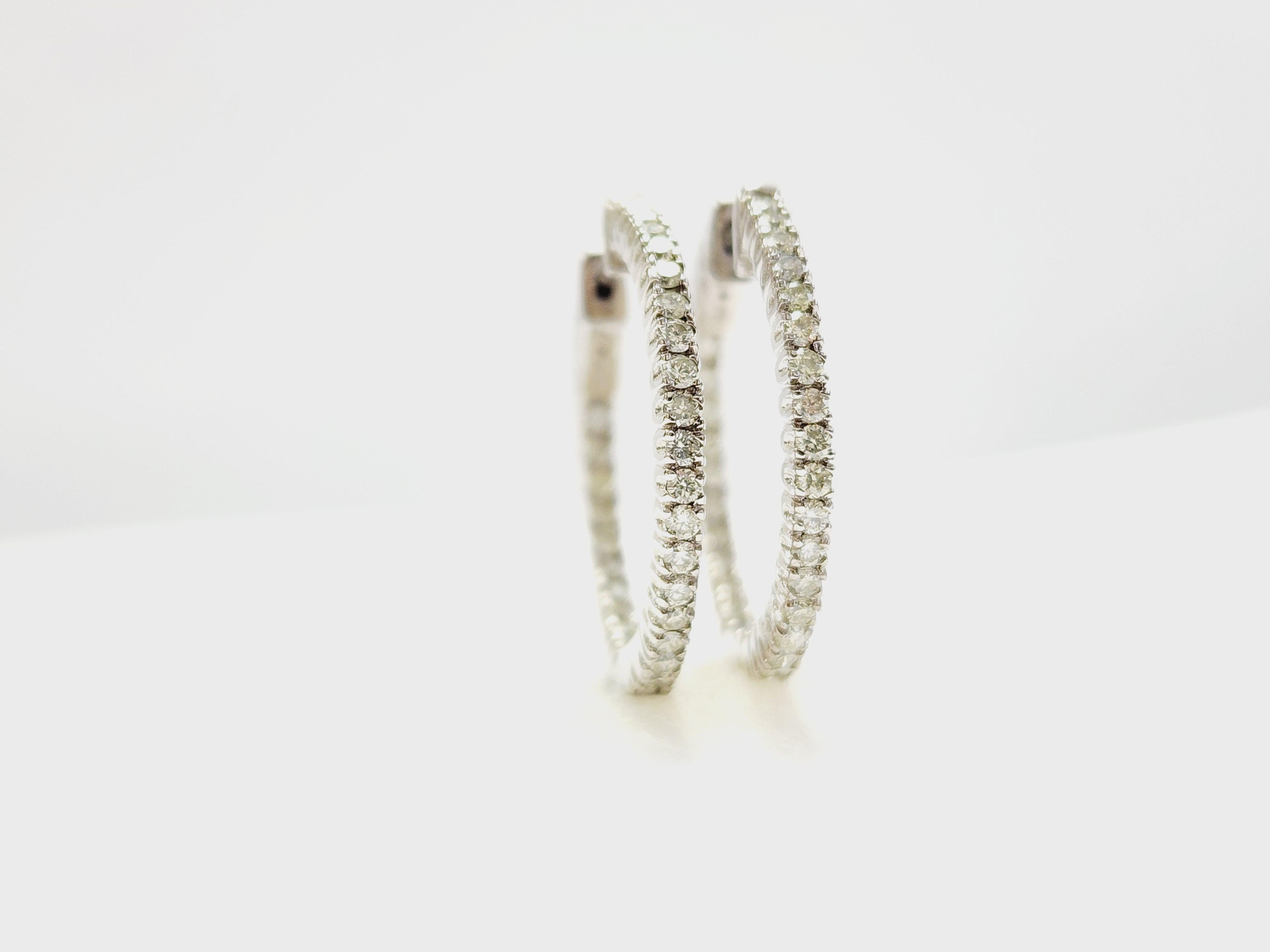 0.95 Carat Natural Diamond Hoops Earrings 14 Karat White Gold 1 Inch For Sale 2
