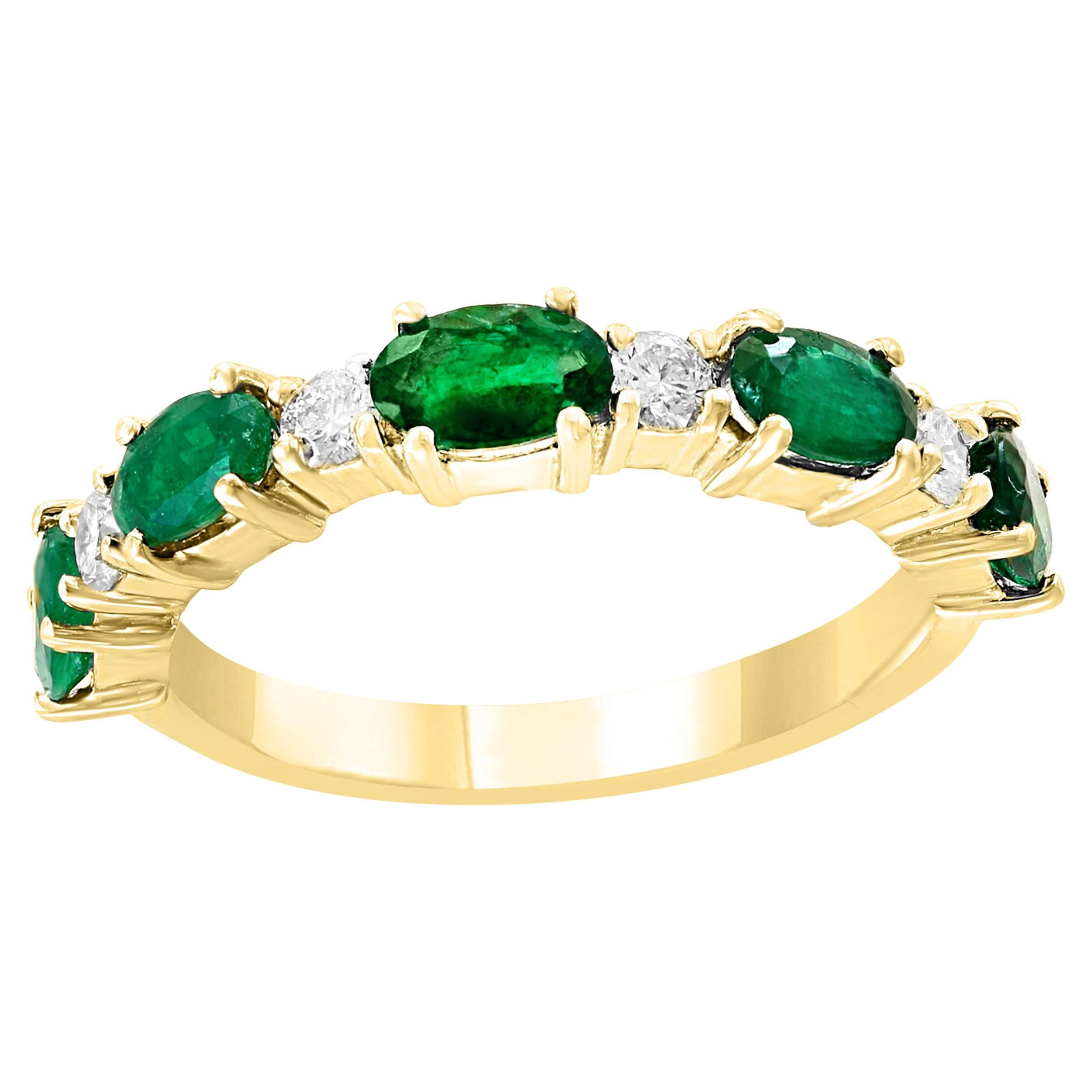 0.94 Carat Oval Cut Alternating Emerald Diamond Wedding Band in 14k Yellow Gold For Sale