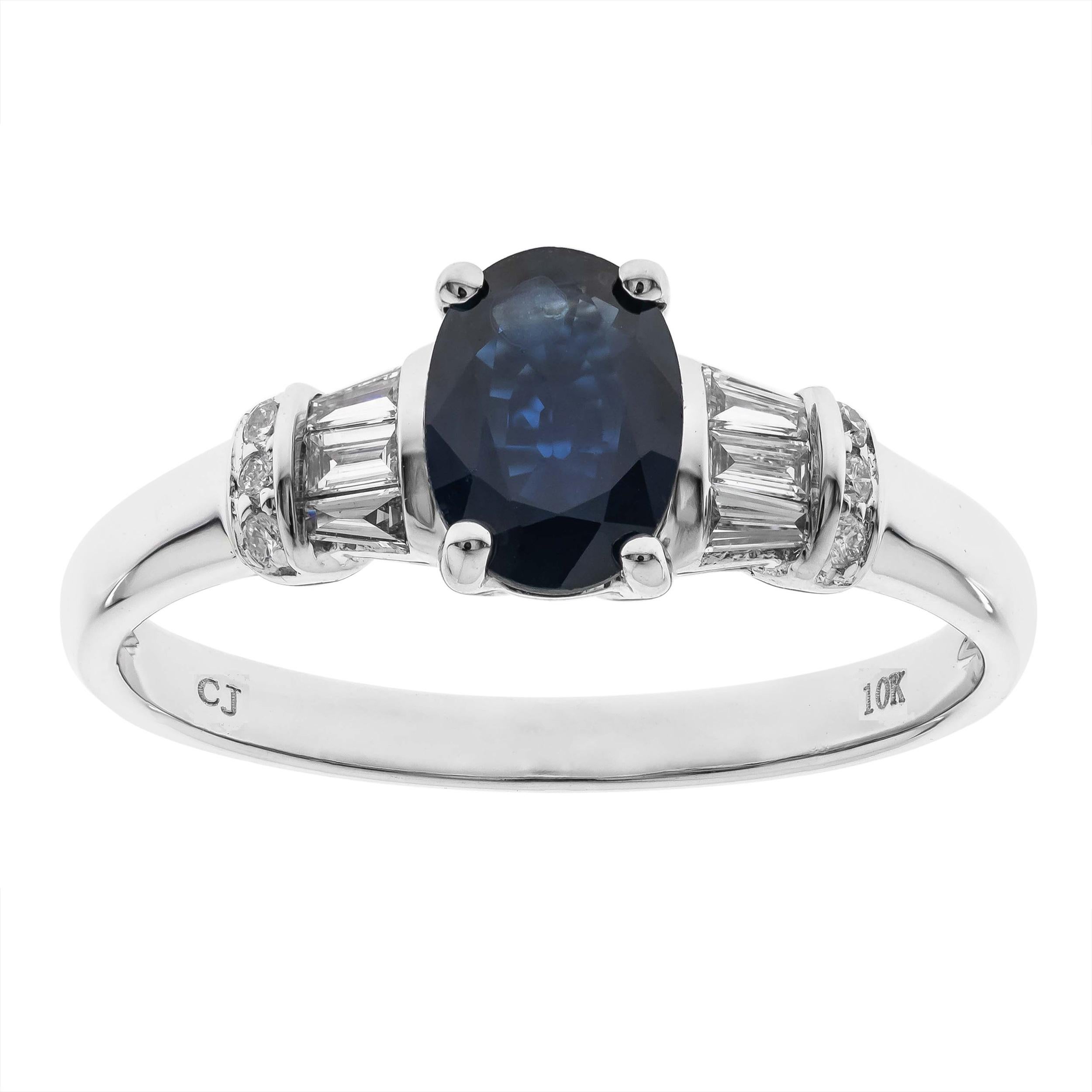 Oval Cut 0.94 Carat Oval-Cut Blue Sapphire Diamond Accents 10K White Gold Ring For Sale