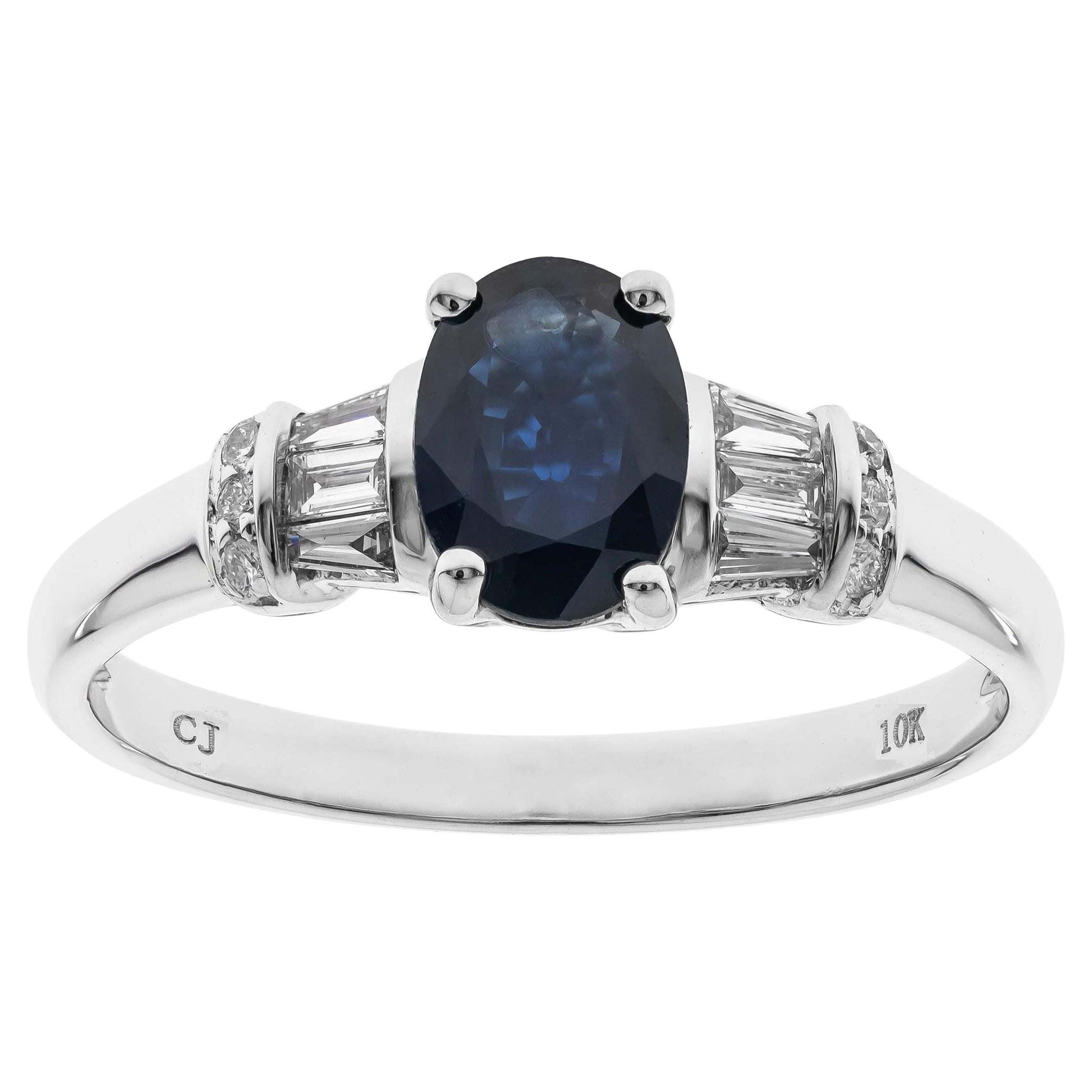 0.94 Carat Oval-Cut Blue Sapphire Diamond Accents 10K White Gold Ring For Sale