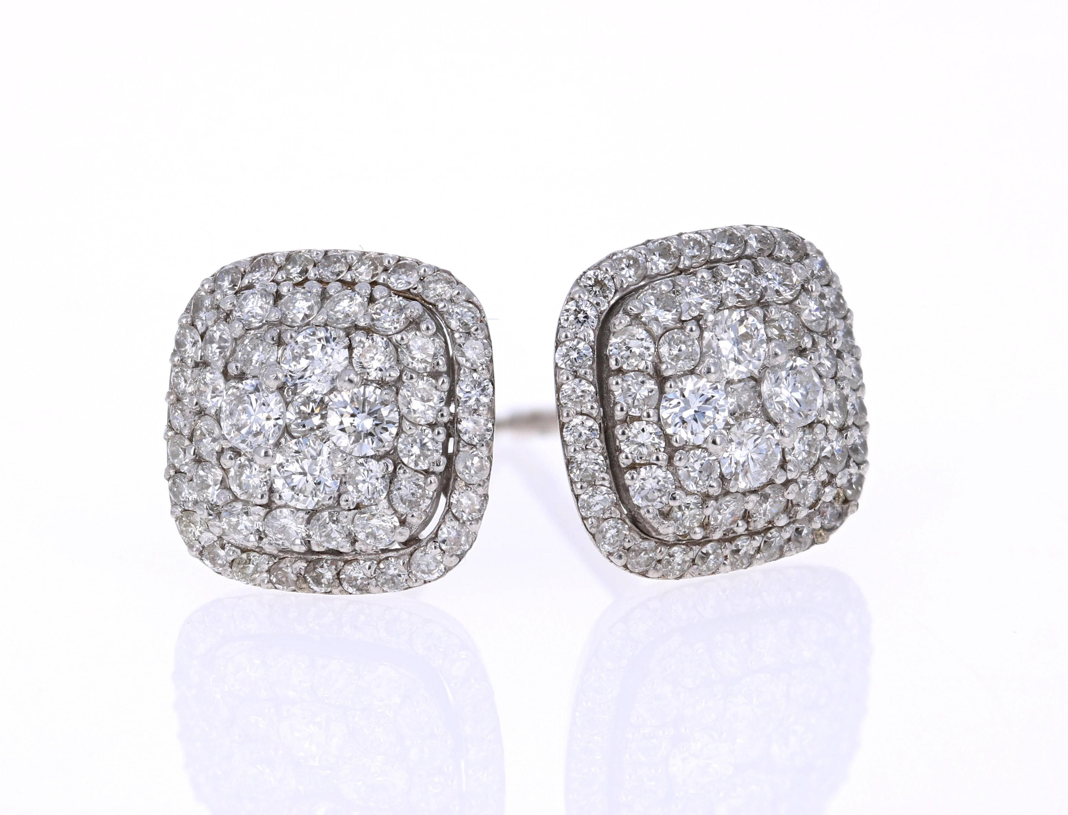 Modern 0.94 Carat Round Diamond 14 Karat White Gold Cluster Stud Earrings