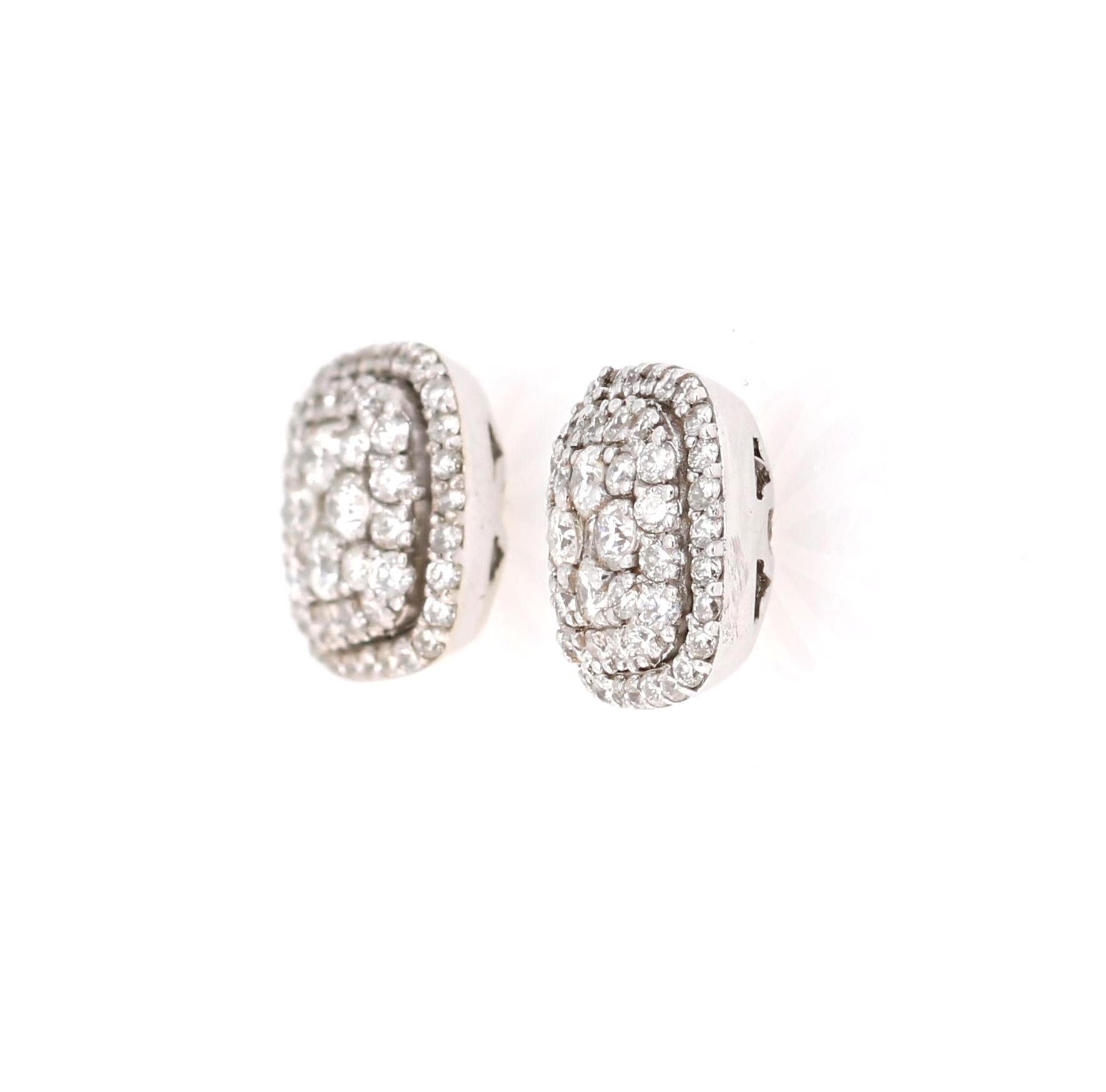 Modern 0.94 Carat Round Diamond 14 Karat White Gold Cluster Stud Earrings