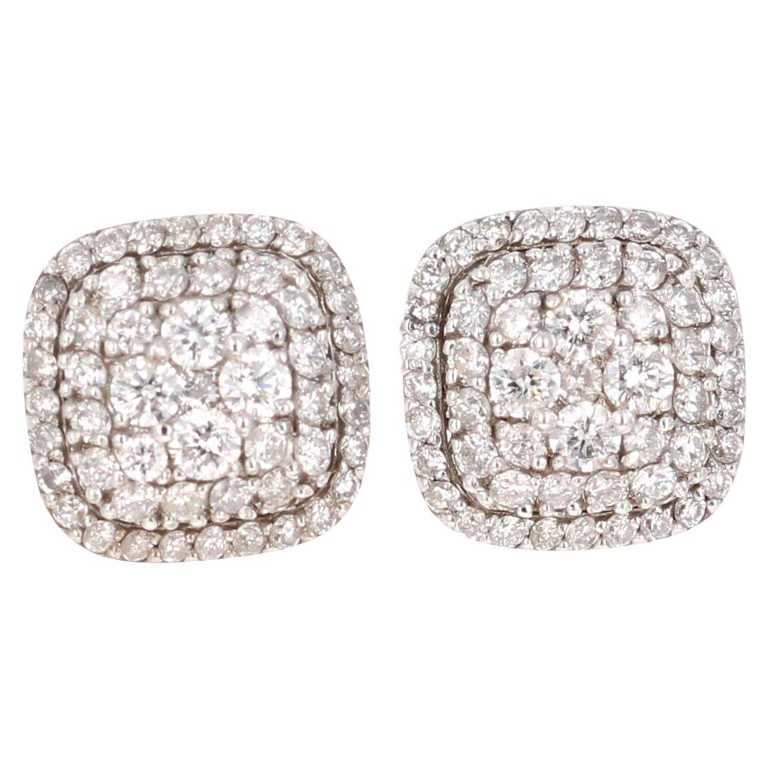 0.94 Carat Round Diamond 14 Karat White Gold Cluster Stud Earrings For Sale