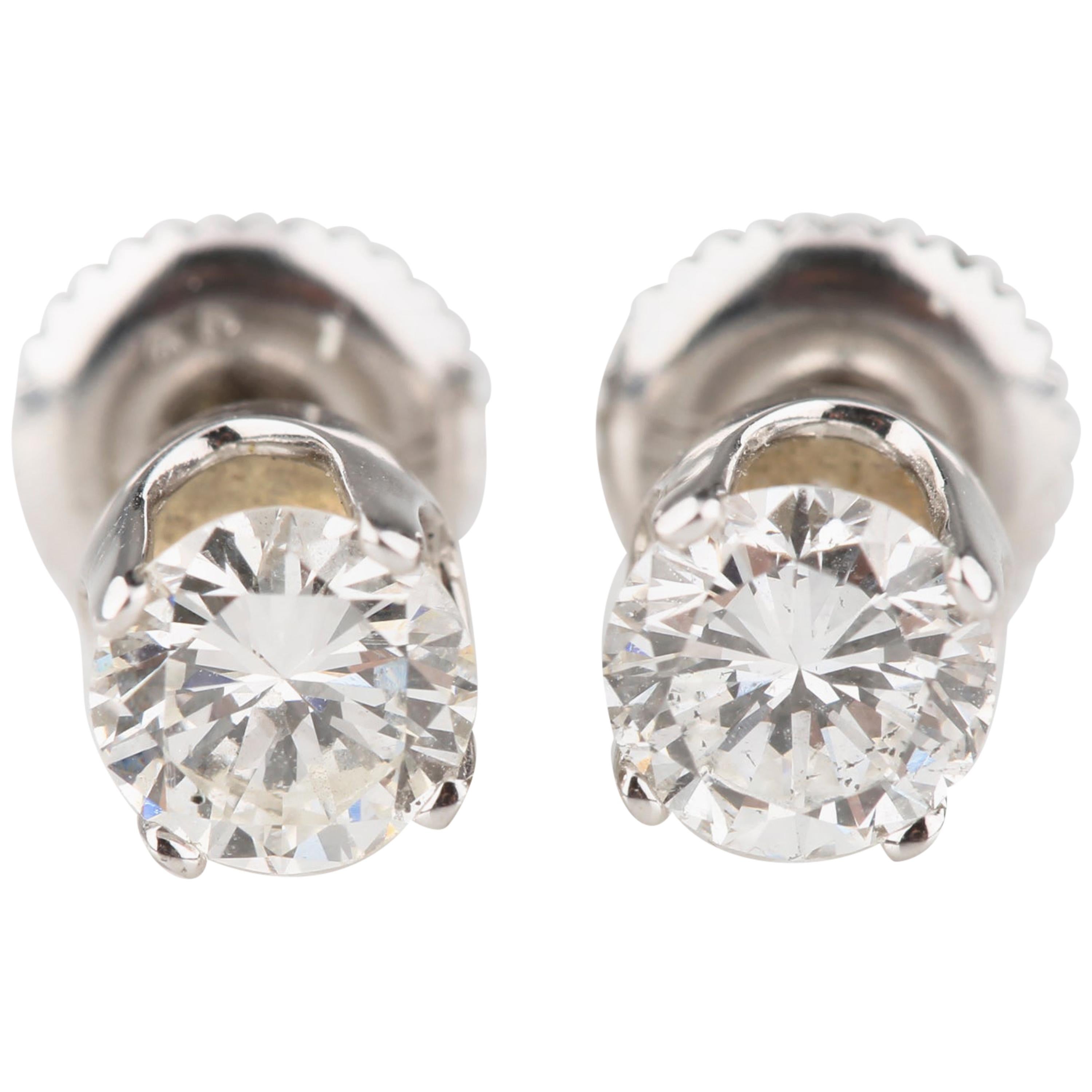 0.94 Carat Round Diamond Solitaire Stud Eararings in White Gold G SI1