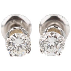 Clous d'oreilles solitaires en or blanc avec diamants ronds de 0,94 carat G SI1