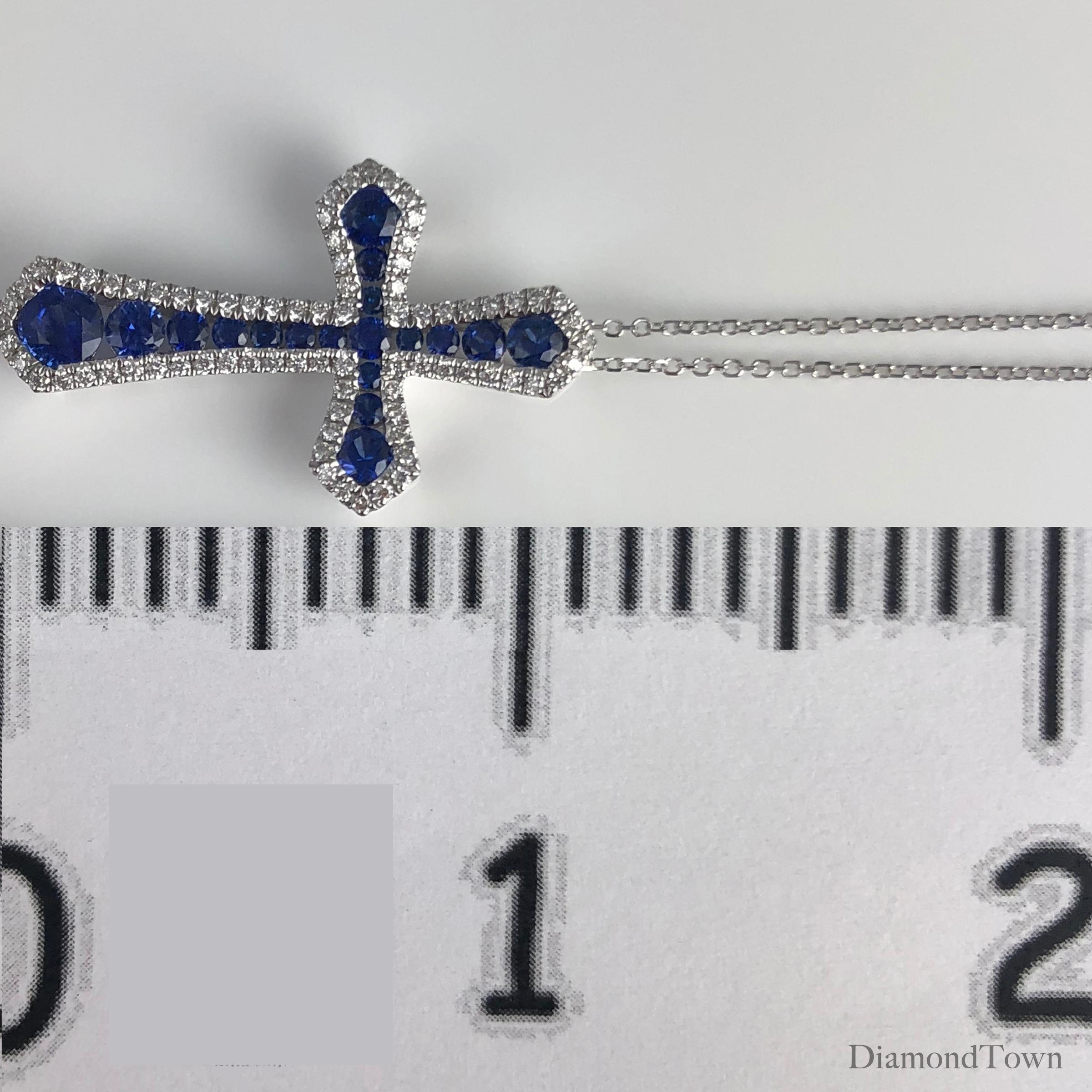 Round Cut 0.94 Carat Vivid Blue Sapphire and Natural Diamond Cross Pendant in 18W Ref1605 For Sale