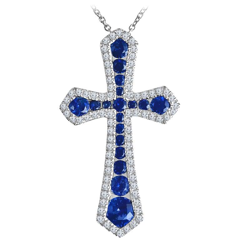 0.94 Carat Vivid Blue Sapphire and Natural Diamond Cross Pendant in 18W Ref1605 im Angebot