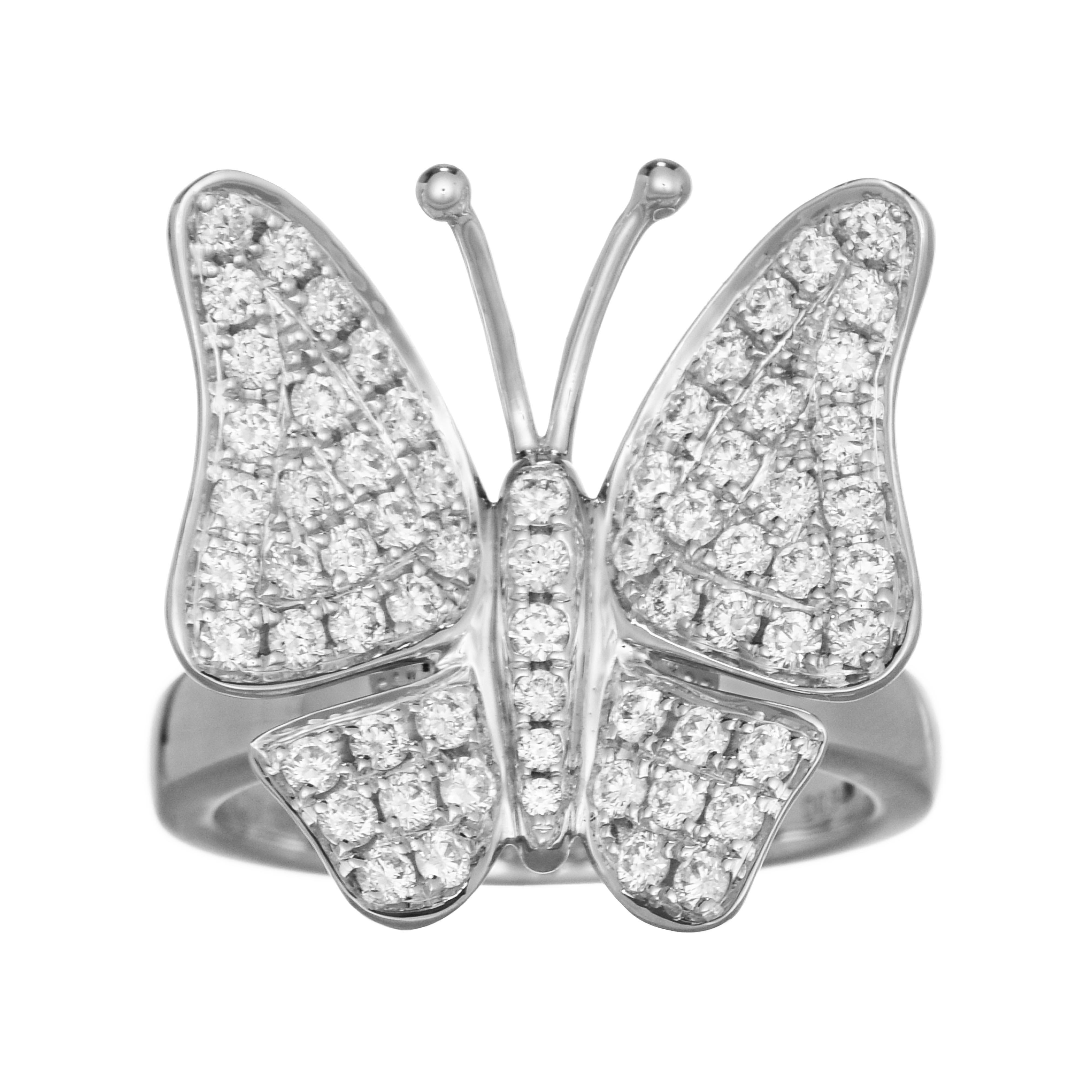 Round Cut 0.94 Carat White Diamond White Gold Butterfly Ring For Sale