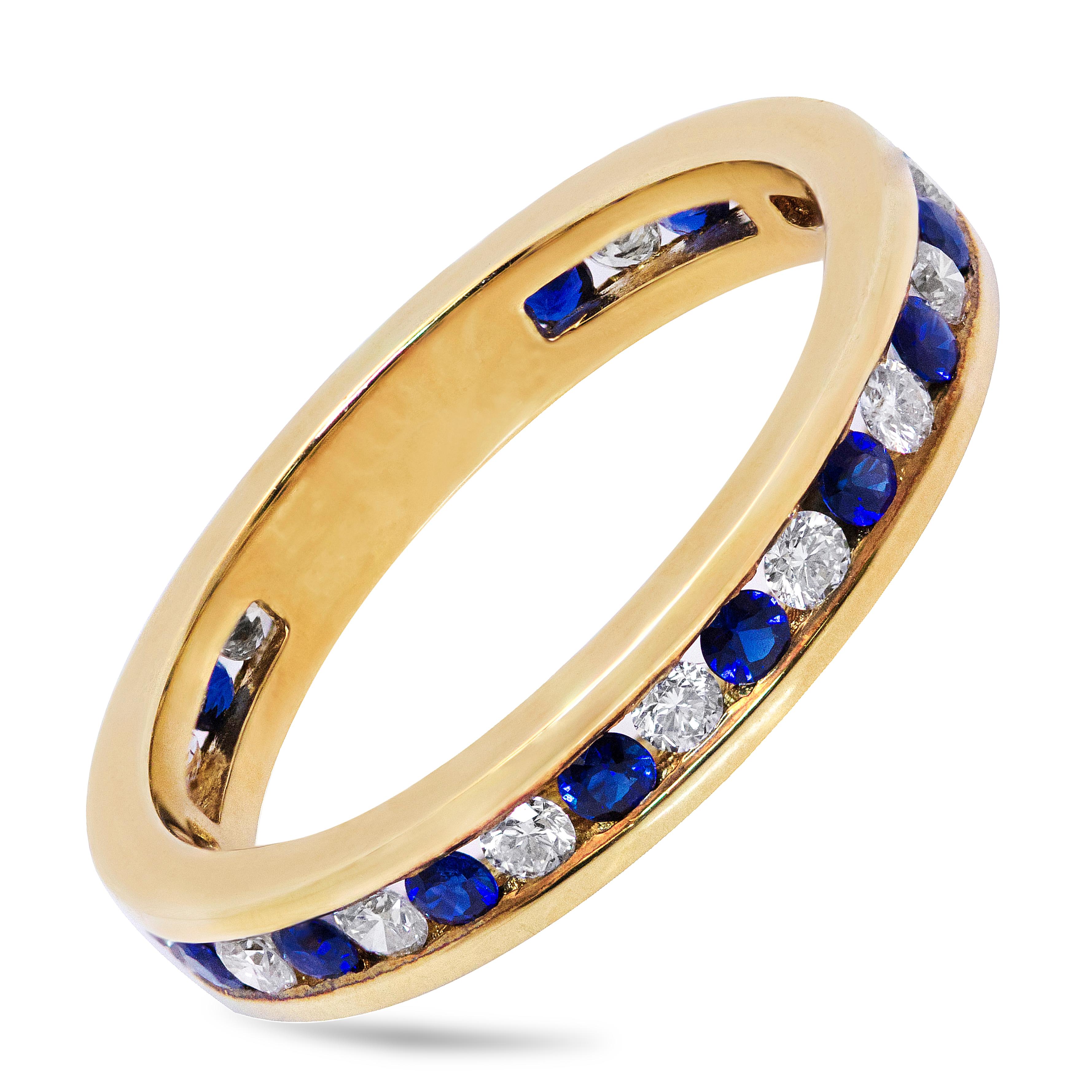 This stylish eternity wedding band is set with natural blue sapphires weighing 0.50 carats total, alternating with brilliant round diamonds weighing 0.44 carats total. Set in a channel set and Finely made in 18K Yellow Gold, Size 7.25 US resizable