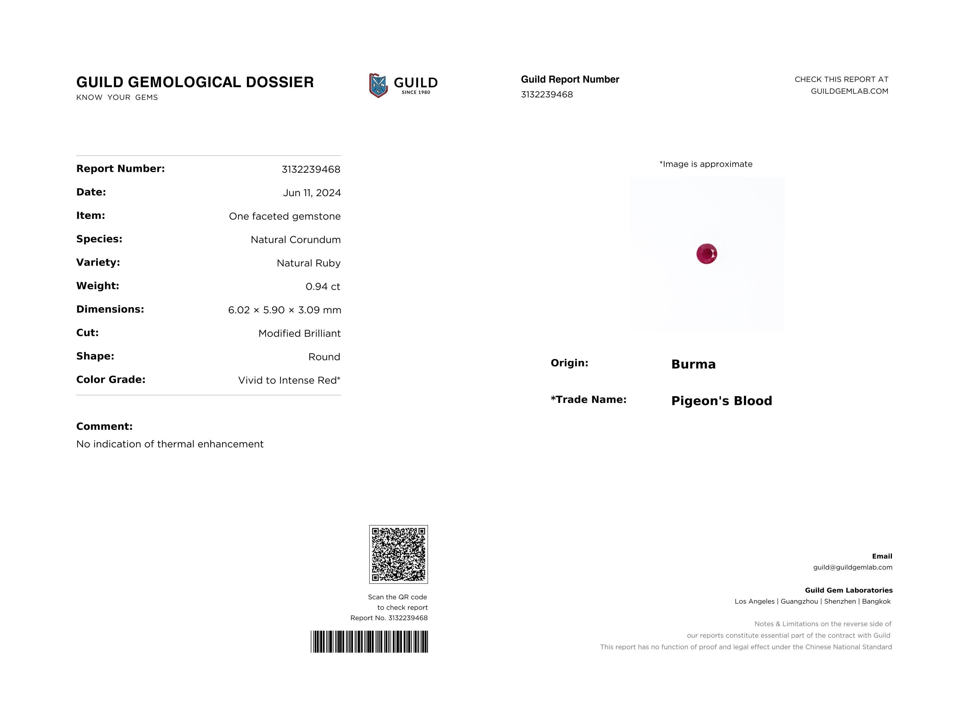 da uomo o donna 0,94 Ct Certificato Guild Rubino di Burma Non Riscaldato Colore sangue di piccione in vendita
